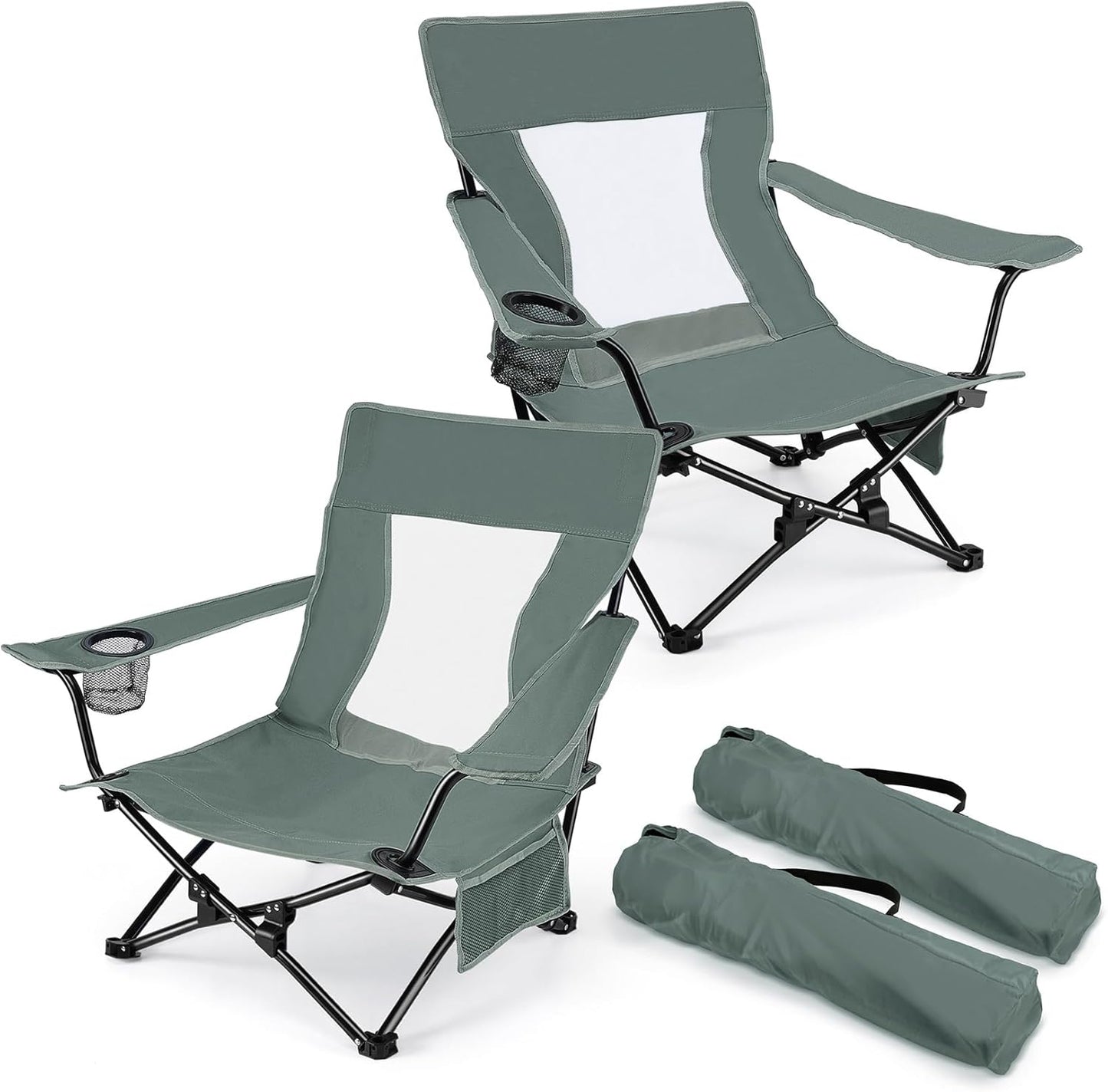 Joyfair Beach Camping Chair (2 Pack), Outdoor Folding Chair for Adults, Heavy Duty Portable Chair for Outside Fishing, Lawn, Sport, Patio, Armrest Cup Holder & Storage Pocket, Carry Bag (Grey)