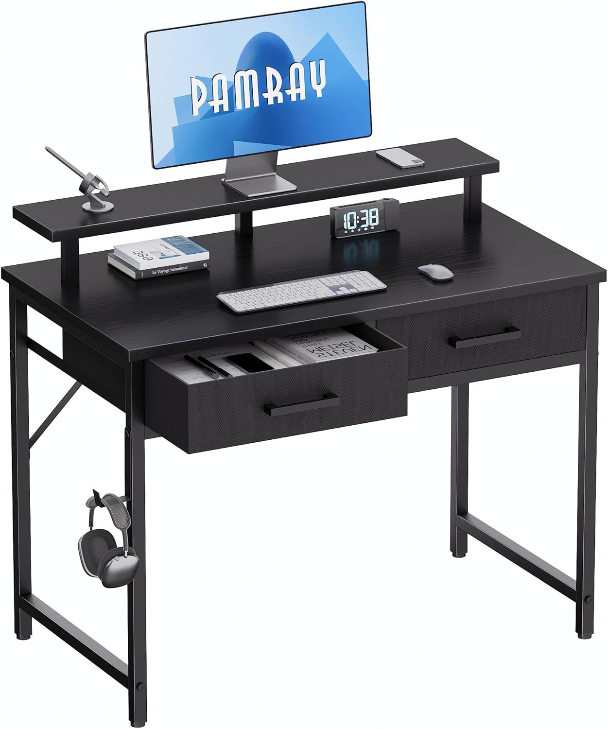 Pamray 32 Inch Small Computer Desk with Monitor Stand Home Office Desks with 2 Drawers for Bedroom Study Writing and Work Table for Small Spaces Black