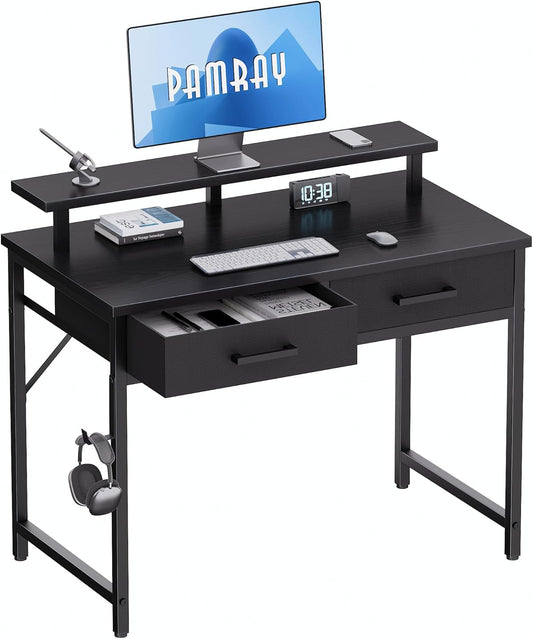 Pamray 32 Inch Small Computer Desk with Monitor Stand Home Office Desks with 2 Drawers for Bedroom Study Writing and Work Table for Small Spaces Black