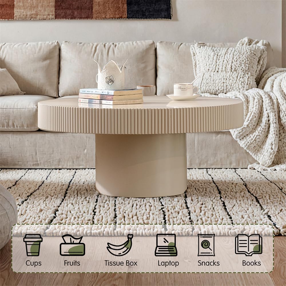 White Round Fluted Coffee Table for Living Room (Ivory White Thin Desktop) | Relief Edges, Circular Drum Coffee Table, for Office Outdoor