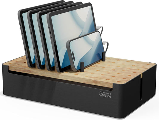 Prosumer's Choice Bamboo Charging Station for Multiple Devices - Wood Device Dock, Organizer Suitable Apple & Android Cell Phone, Tablet, iPad Cables Not Included, Metal & Bamboo Black