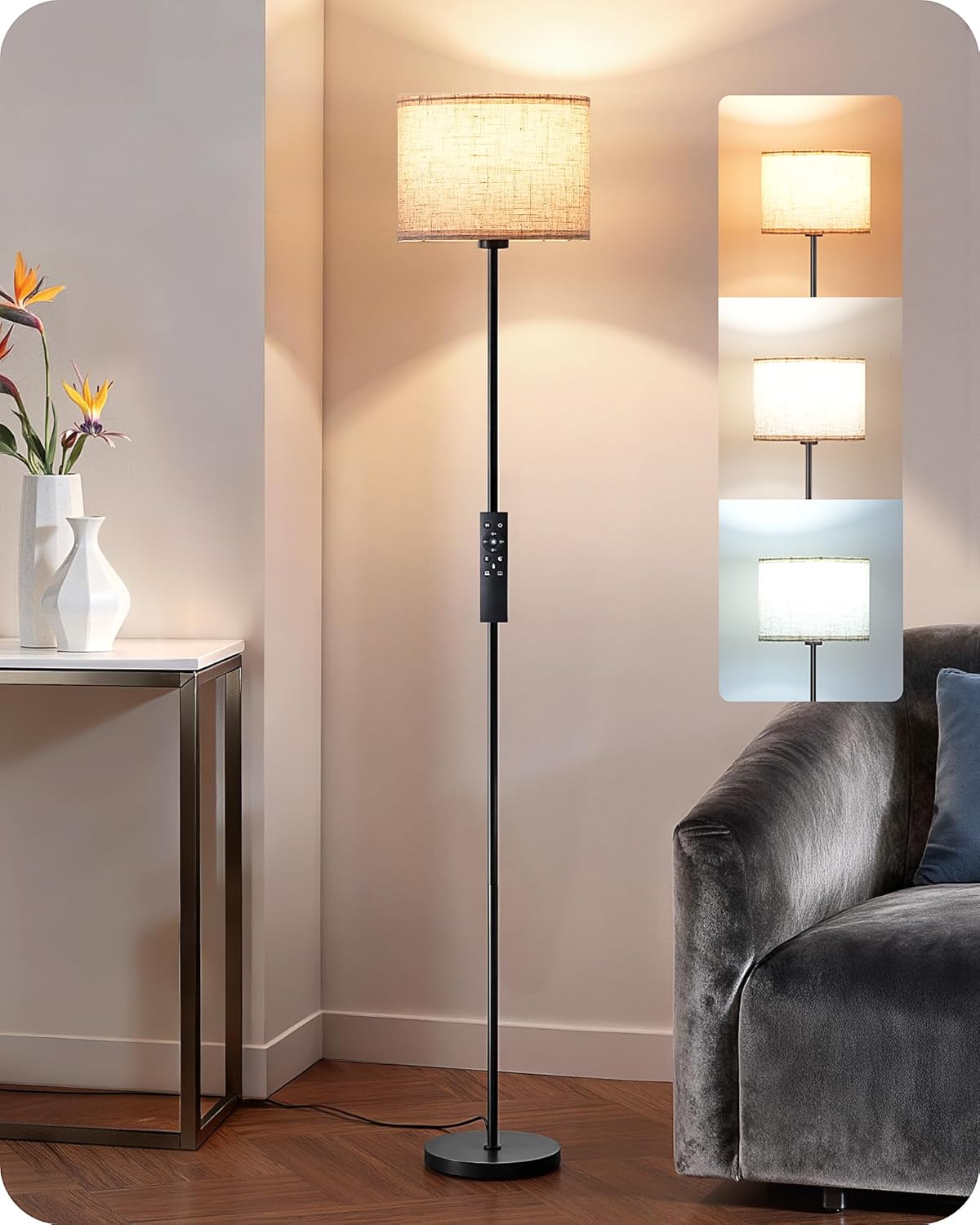 EDISHINE Upgraded Floor Lamps with 2 Lampshades, 63.7" Modern Standing Lamp with Foot Switch and Remote Control, Stepless Dimmable Minimalist Lamps for Bedroom, Office, (9W LED Bulb Included), Black
