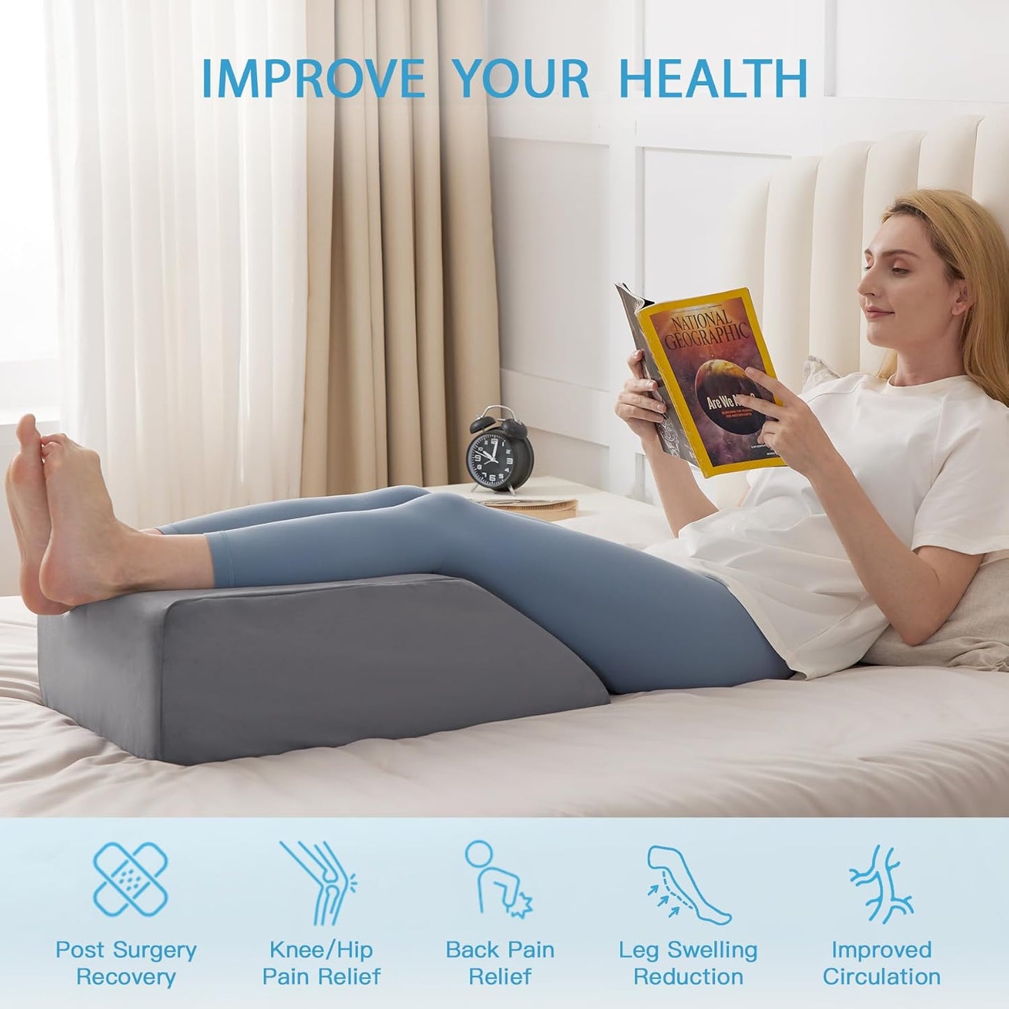 MEGCXIT Leg Pillow Elevation Blood Circulation, Leg Wedge for Elevation for Swelling, Leg Elevating Pillow for After Surgery Memory Foam Foot Knee Pillow for Back Sleeping 23.6×16.8×8 Inch Short Plush