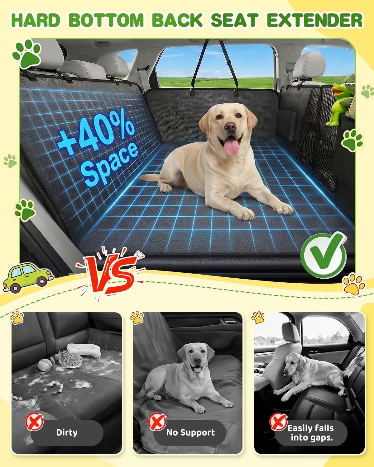 Back Seat Extender for Dogs, Hard Bottom Car Seat Cover Holds 440 LB, Waterproof Scratch Proof Nonslip Dog Seat Cover, Upgraded Material PU Leather Seat Covers Protector for Pet Sedan SUV Trucks