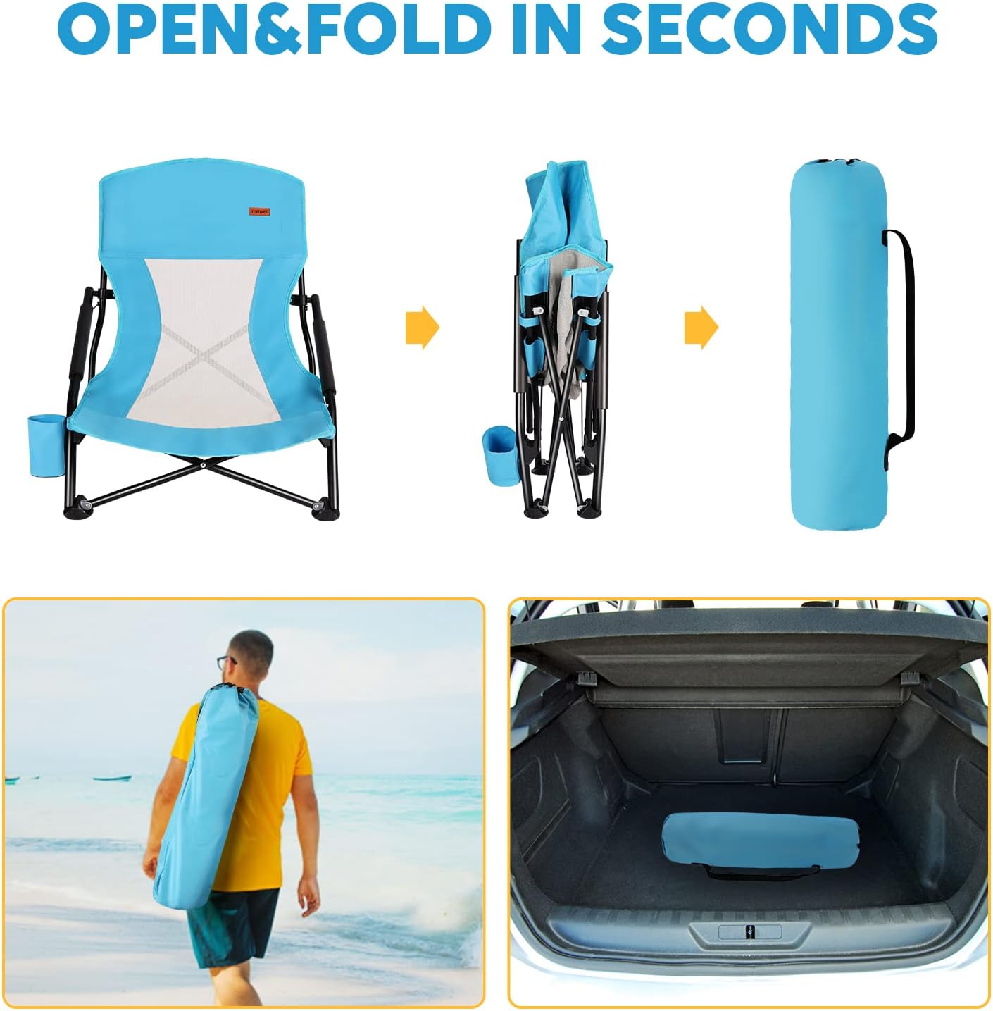 TOBTOS Low Beach Chair for Adults 2 Pack, Low Profile Folding with Cup Holder & Carry Bag, Heavy Duty Chair for Outdoor Sand, Camping, Concert, Travel