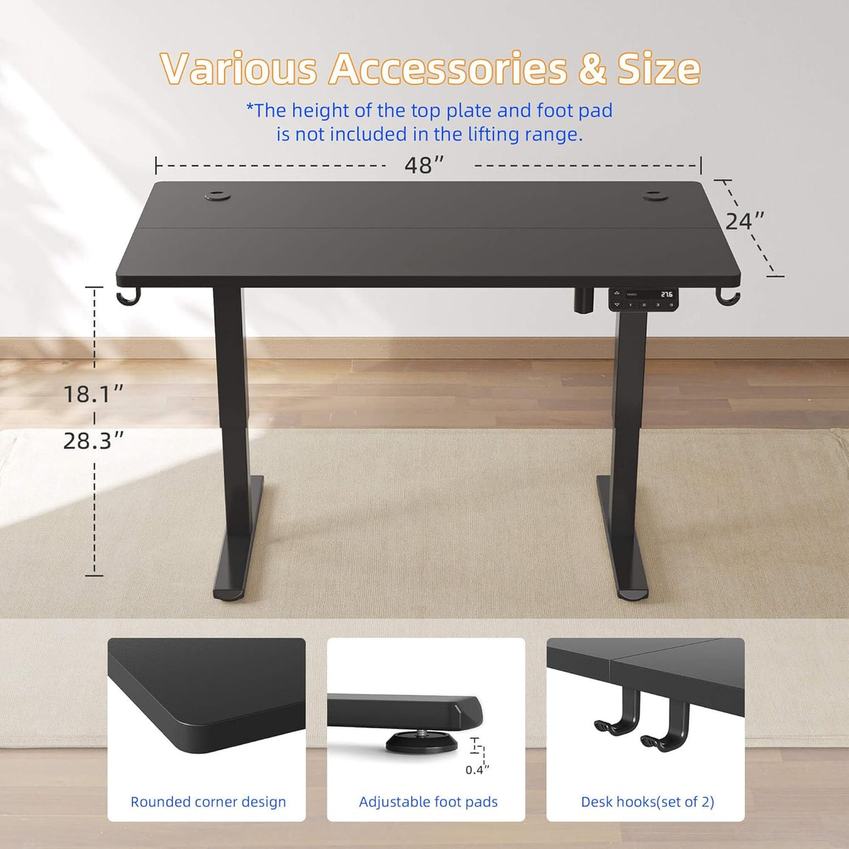 YIHAYO Low Height Adjustable Desk, Lifts 18.1-28.3 Inches, Electric Standing Desk for Short People, 48 x 24 Inches Computer Table with Splice Board for Home Office, Black
