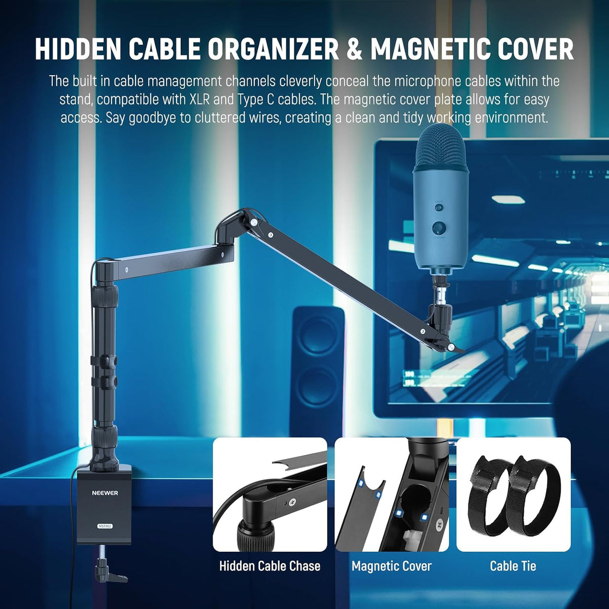 NEEWER Low Profile Mic Arm Desk Stand Mount with Damping, 360° Swivel Articulating Boom Arms with Heighten Pole & Cable Management Channels for Microphone Podcast Gaming Streaming Zoom Calls, MST002