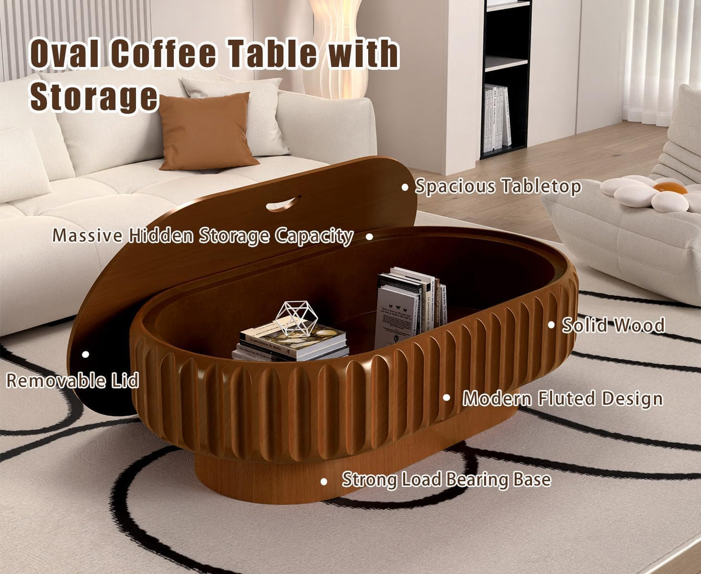 43.3" Oval Coffee Table with Storage (A Brown 43.3 in) | Fluted Coffee Table with Solid Wood Veneer, Mid Century Modern Wood Center Table, Accent Tea Table for Living Room Apartment