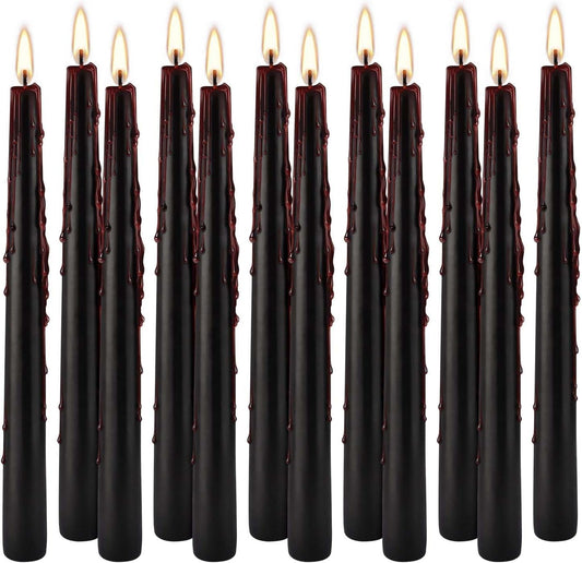 12PCS 10-Inch Black Bleeding Taper Candles,Vampire Tears Taper Candles- Unscented Candle Pack Ideal for Halloween, Christmas, Rituals, and Themed Party Decor.