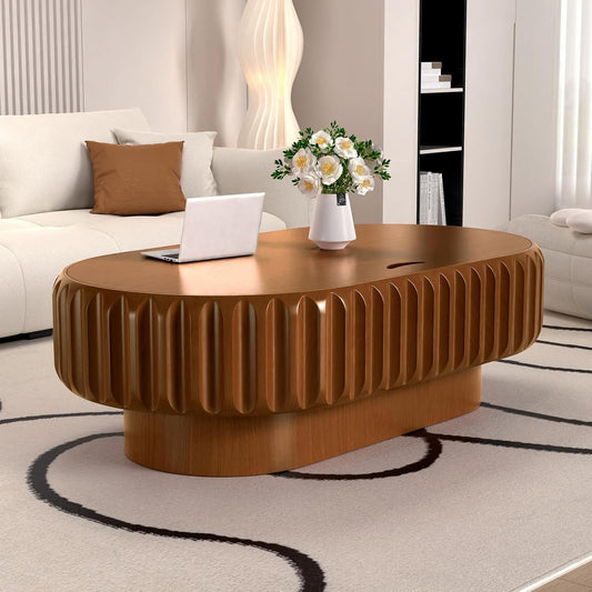 43.3" Oval Drum Fluted Coffee Table with Storage (O) | Mid-Century Modern, Easy Assembly, Sturdy Pedestal, Center Tables for Apartment Living Room