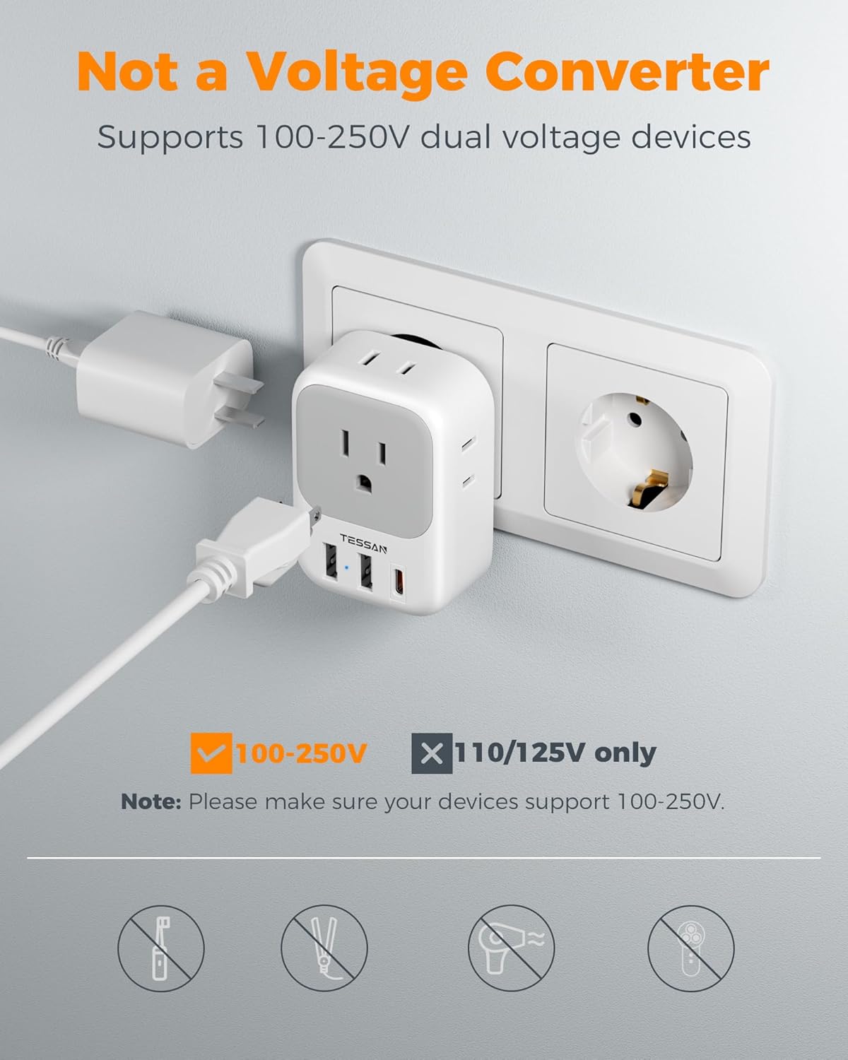 TESSAN 2 Pack European Travel Plug Adapter, Europe Power Converter 4 Outlets 3 USB(1 USB C PD 20W), Type C International Adaptor to Italy Spain France Portugal Iceland Germany, EU Travel Essentials