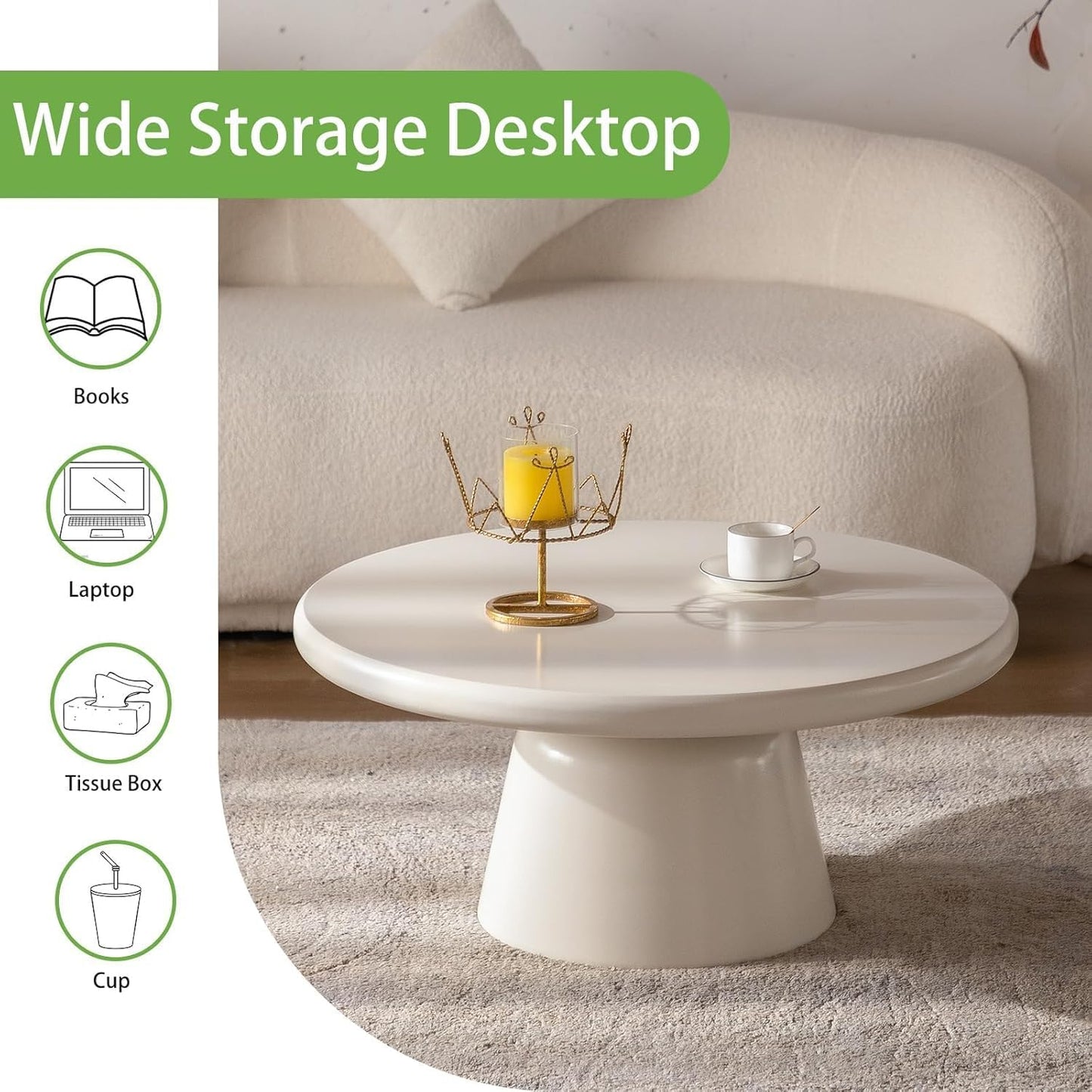 White Round Coffee Table (White 31in) | Cream Irregular Coffee Tables, Unique Pedestal Funky Cute Center with Large Tabletop & Legs, Irregular circular Coffee Table
