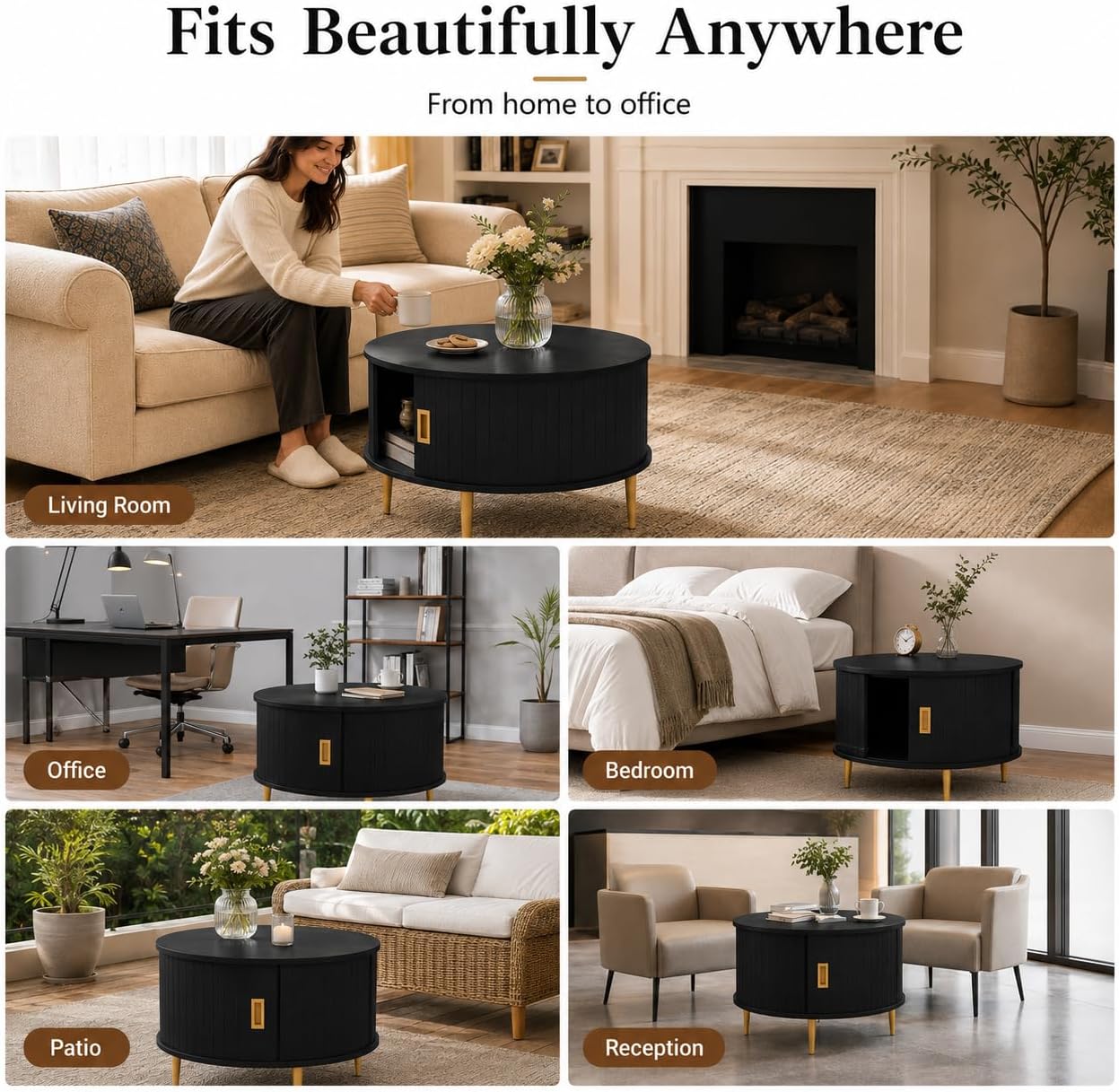 ARTPOWER 31.5" Round Coffee Table with Storage Mid Century Black Walnut | Easy Assembly,Solid Walnut,Heavy Duty,Flip Top Storage,Fluted Tambour Door,Water&Scratch Resistant Easy Clean,110lbs Capacity