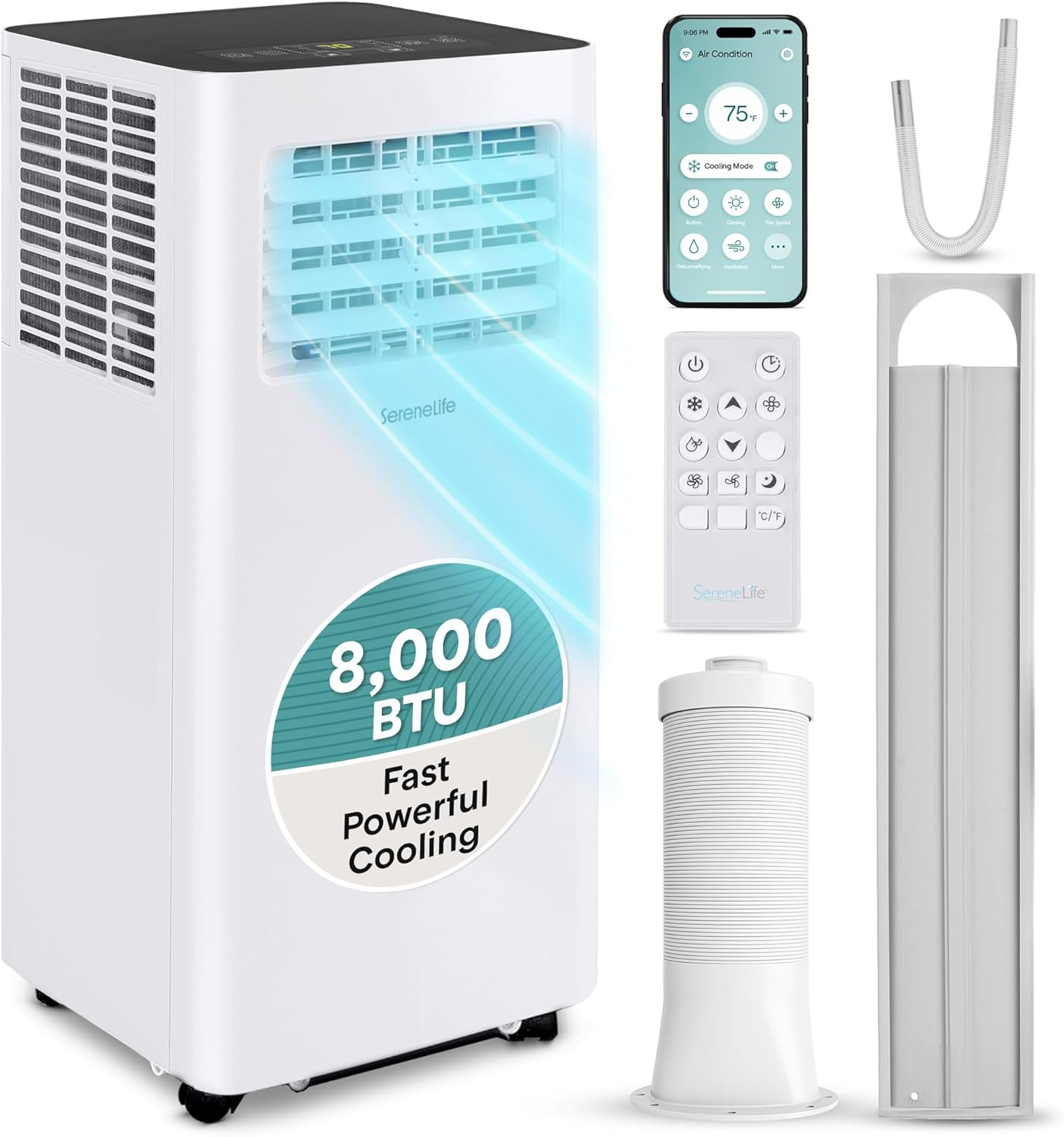 SereneLife Small Air Conditioner Portable 8,000 BTU with Built-in Dehumidifier - Portable AC unit for rooms up to 350 sq ft - WiFi app + Remote Control, Window Mount Exhaust Kit