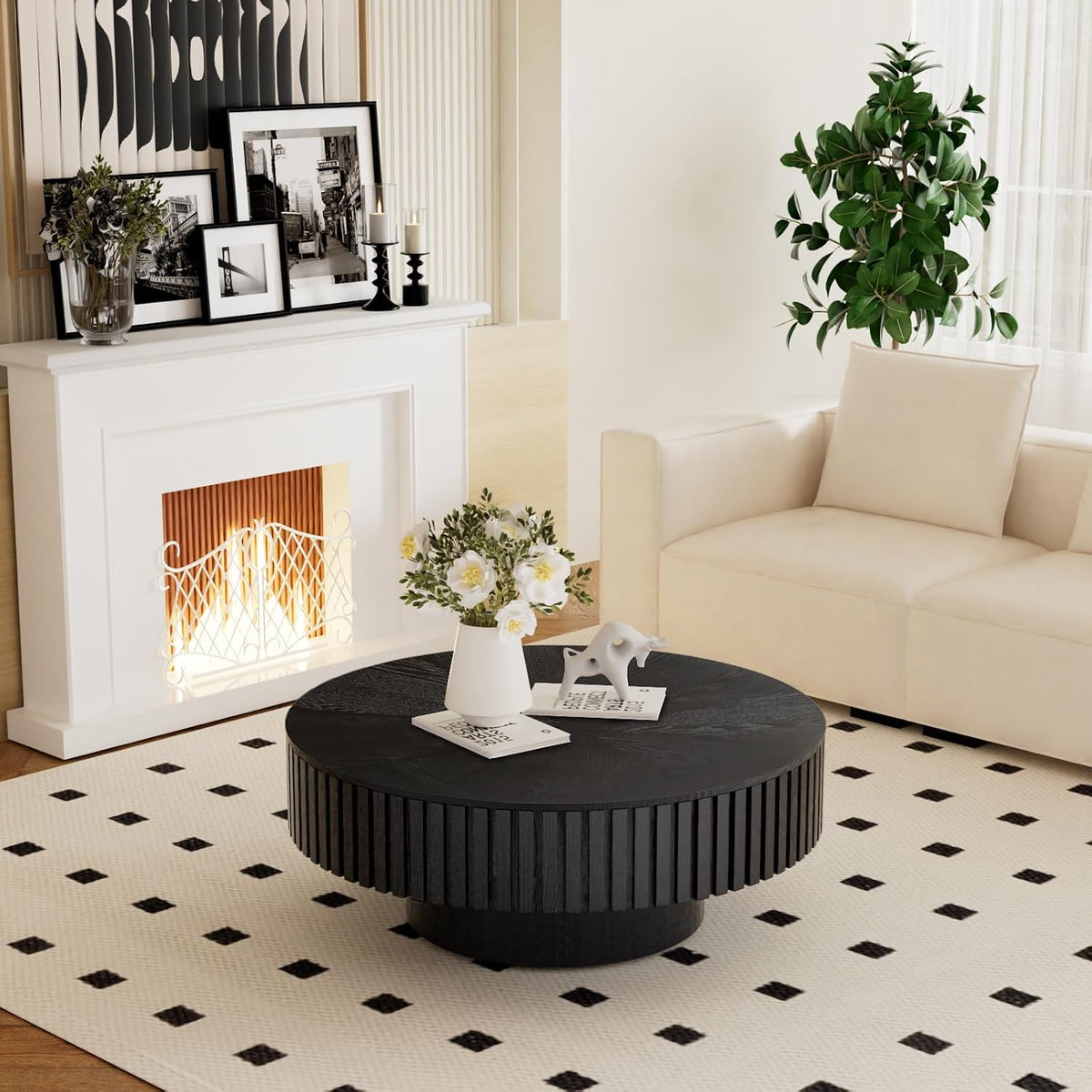 31" Black Round Wood Fluted Drum Coffee Table with Storage (G)