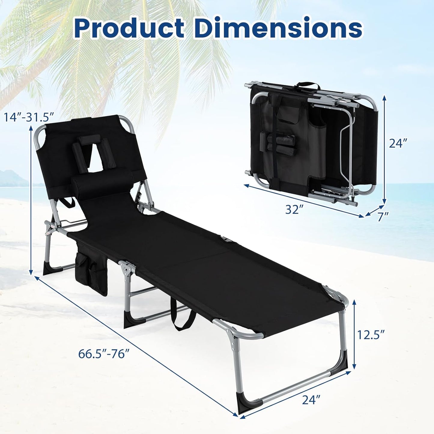 COSTWAY Tanning Chair with Face Hole, Folding Beach Lounge Chair with 4-Position Adjustable Backrest, Pillow & Side Pocket, Foldable Chaise Lounge Chair Outdoor for Sunbathing, Camping (1, Black)