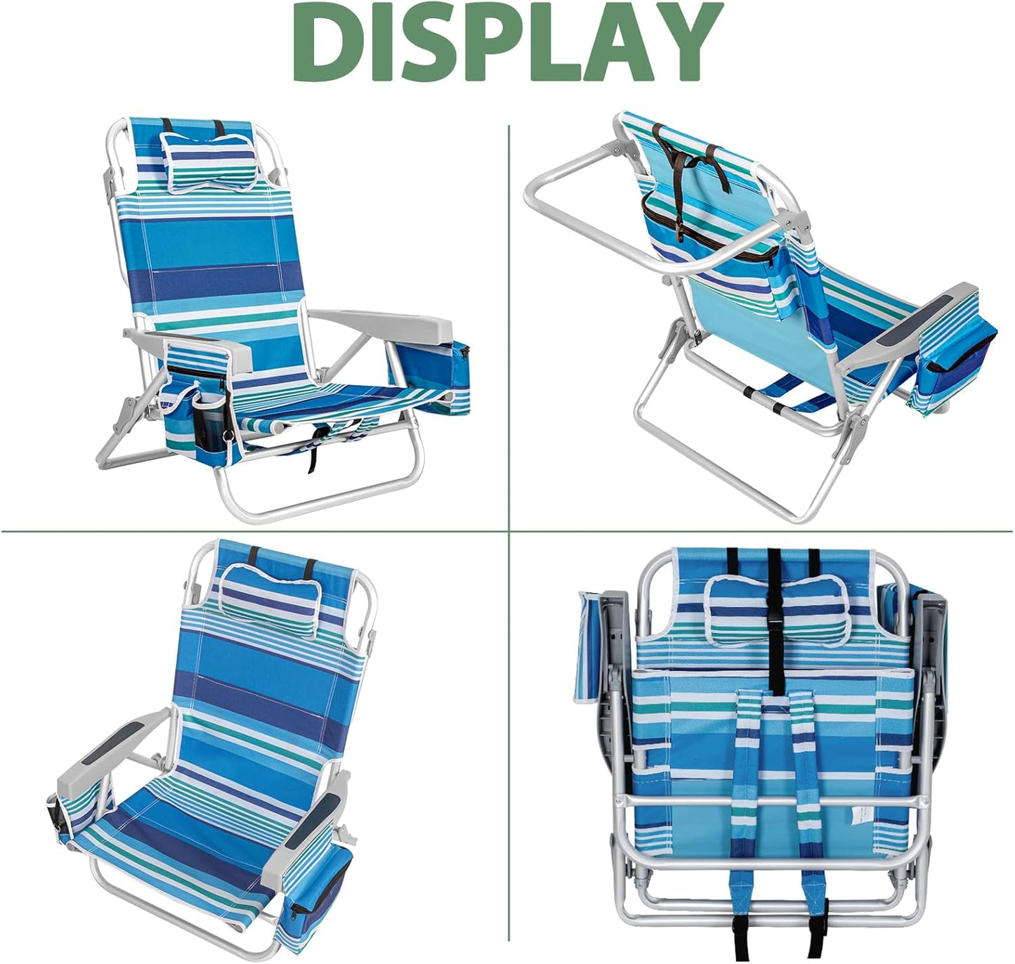 2Pk Aluminum Extra Wide 5-Position Lay Flat Folding Backpack Beach Chairs for Adults, with Cooler Bag, Cup&Phone Holder, Towel Bar for Outdoor Lawn Picnic Sport, Portable Camping Chairs, Blue Stripes