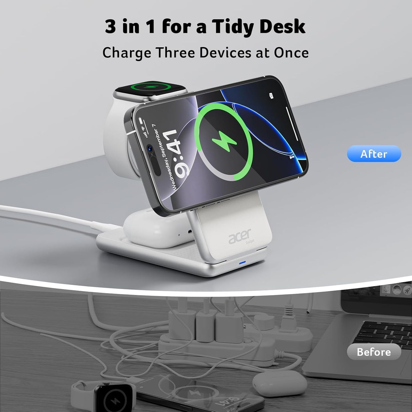 Acer 3 in 1 Charging Station for iPhone, Wireless Charger Stand,15W Fast MagSafe Charger for iPhone 17 16 15 14 13 12 Series-Apple Watch 11 10 9 8 7 6 5 4 3 2 SE and Ultra Series-Airpods 4 3 2 Pro