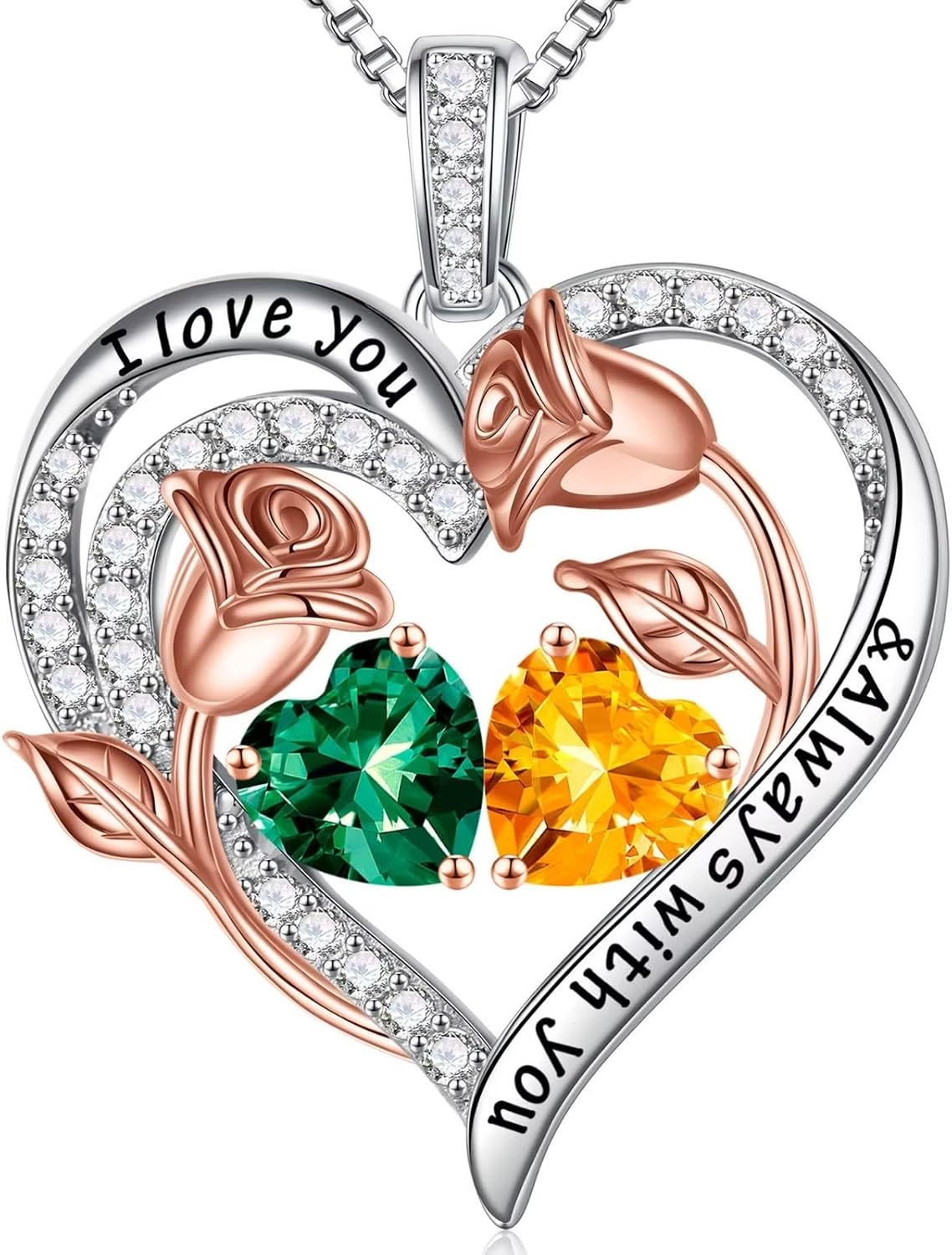 Iefil Birthstone Necklace for Women - Rose Heart Necklace
