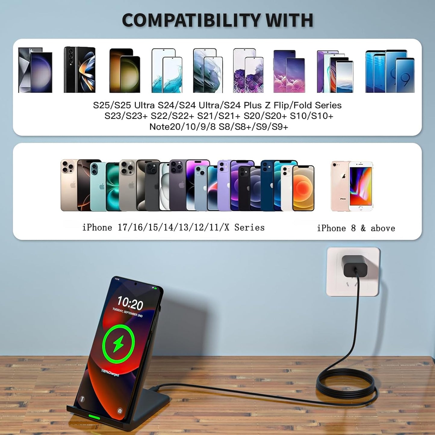 Wireless Charger Station,15W Desk Wireless Charging Stand 20W USB C Adapter for Apple iPhone 17 Pro/17/17/Air/16 Pro/16E/16 Plus/15/14/13,Samsung Galaxy S25/S24/S23/S22/Z Flip Fold/Note 20,Google etc