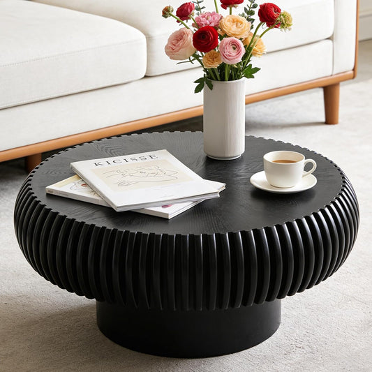 31 inch Black Round Fluted Coffee Table for Living Room (G, 1PC) | Mid Century Modern Style, Drum Shape, Low Circle Center Table, Wood Fluted Stripes, For Small Spaces, Easy to Assemble