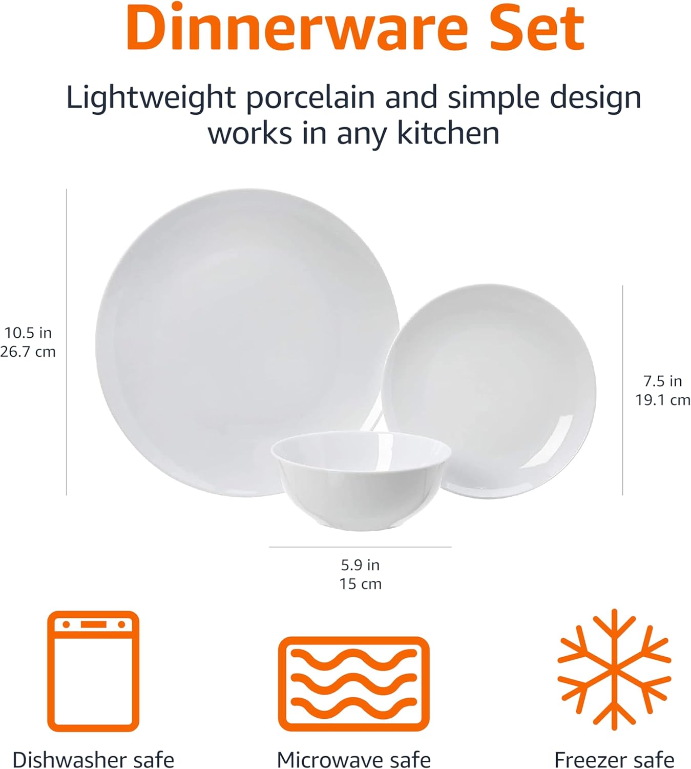 Amazon Basics 18-Piece Complete Kitchen Dinnerware Set, Microwave and Dishwasher Safe, Plates, Dishes, Bowls for Everyday Use, Service for 6, White Porcelain Coupe