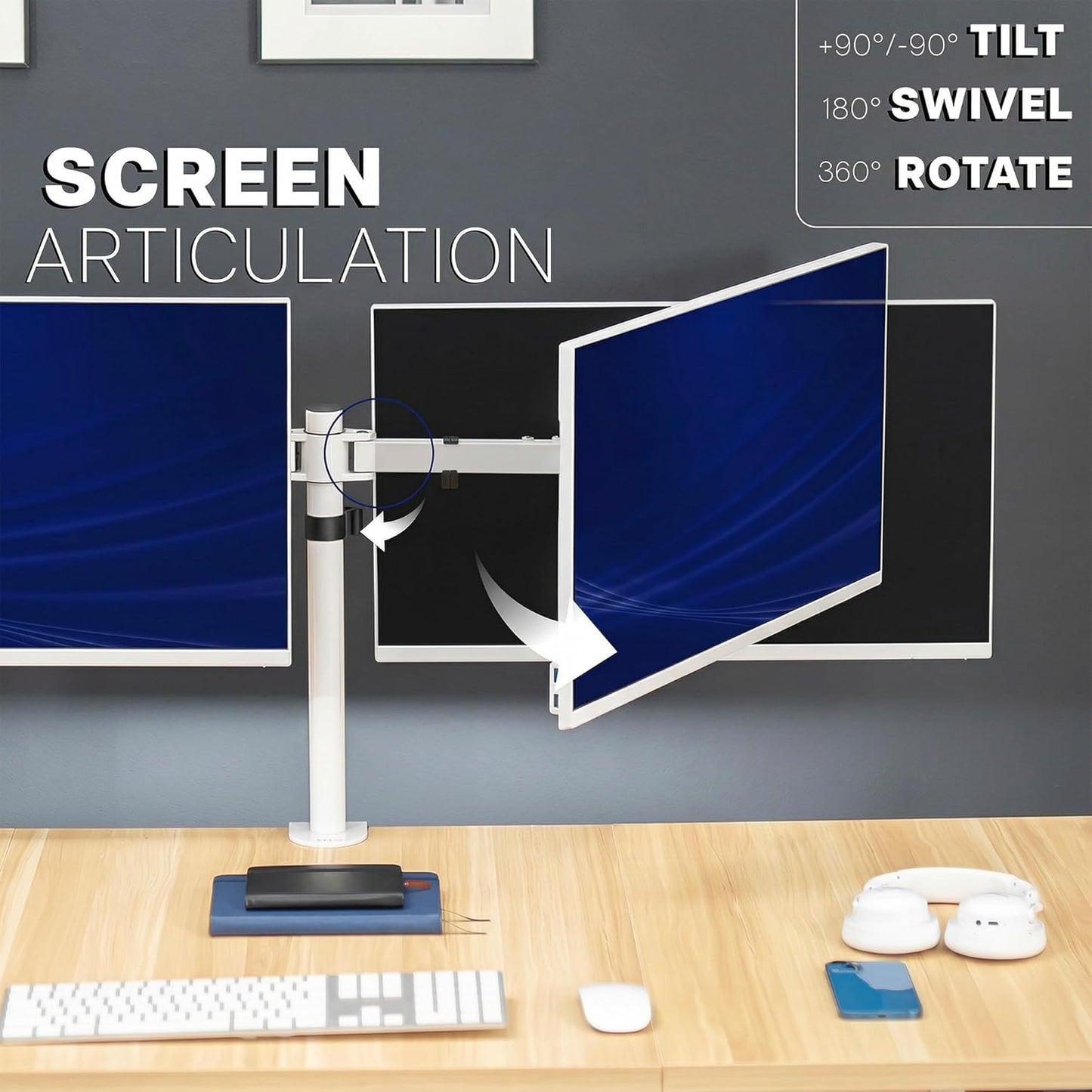 VIVO Dual LCD LED 21 to 32 inch Monitor Desk Mount, Heavy Duty, Adjustable Telescoping Arms, Flush Wall Setup, Fits 2 Screens, White, STAND-V002EW