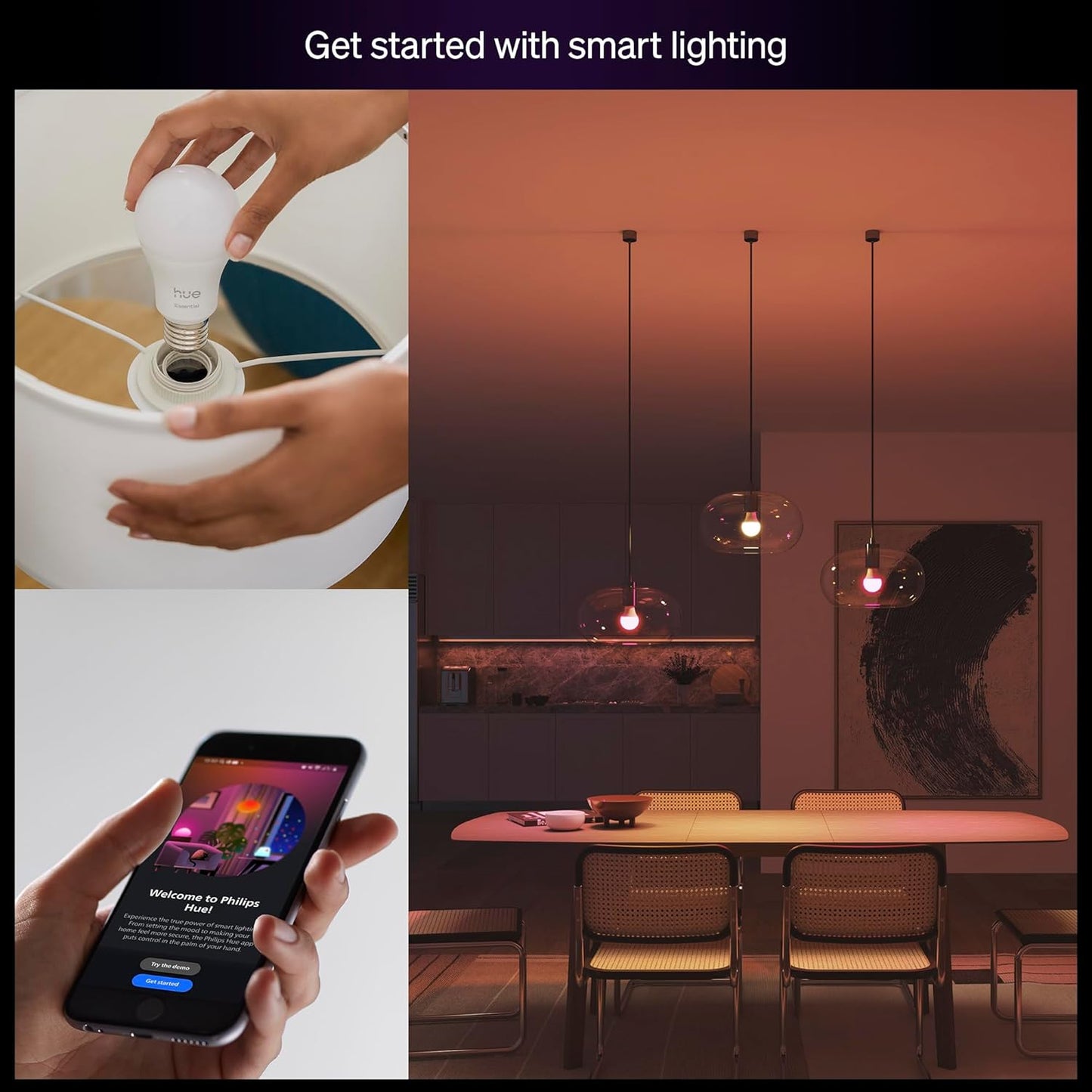 Philips Hue Essential Smart LED A19 Bulb, White and Color Ambiance, E26 Base, 8.8W, 2200K-6500K, 800 Lumens, Dimmable, Works with Alexa, Google, and Apple Home, 4-Pack