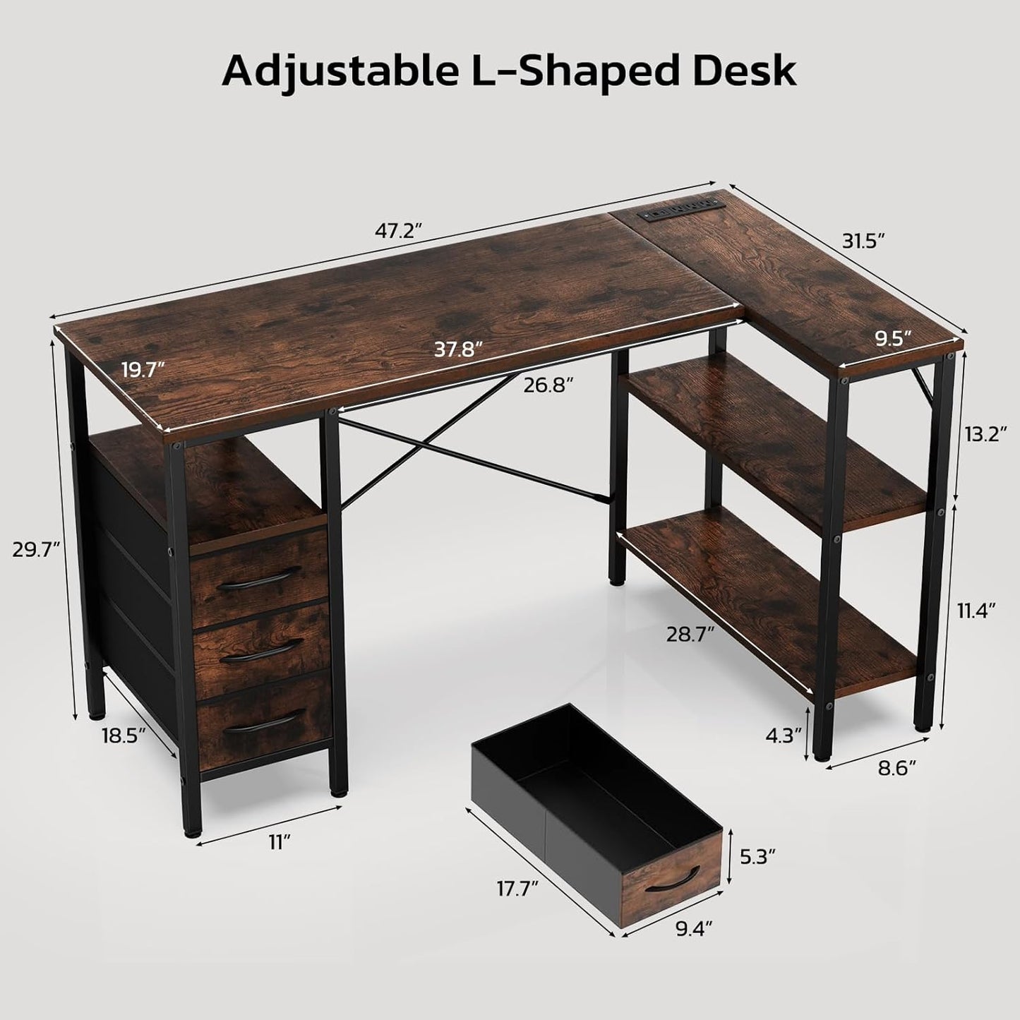 Simple Deluxe L Shaped Gaming Desk with Power Outlets, 47 Inch Computer Desk with 3 Drawers, Shelves, Corner Computer Desk for Gaming, Corner Work, Home Office, Study, Rustic Brown