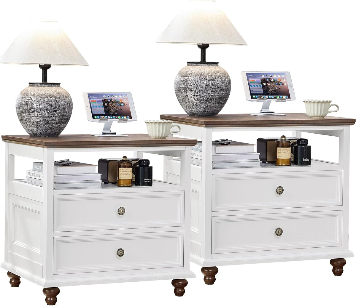 Joaxswe 24" Wide Farmhouse Night Stand Set of 2,Large End Table with 2 Drawers & Metal Handle,White Wood Dresser for Bedroom, Bed Side Table Chest of Drawers Cabinet, Nightstand for Living Room,Closet