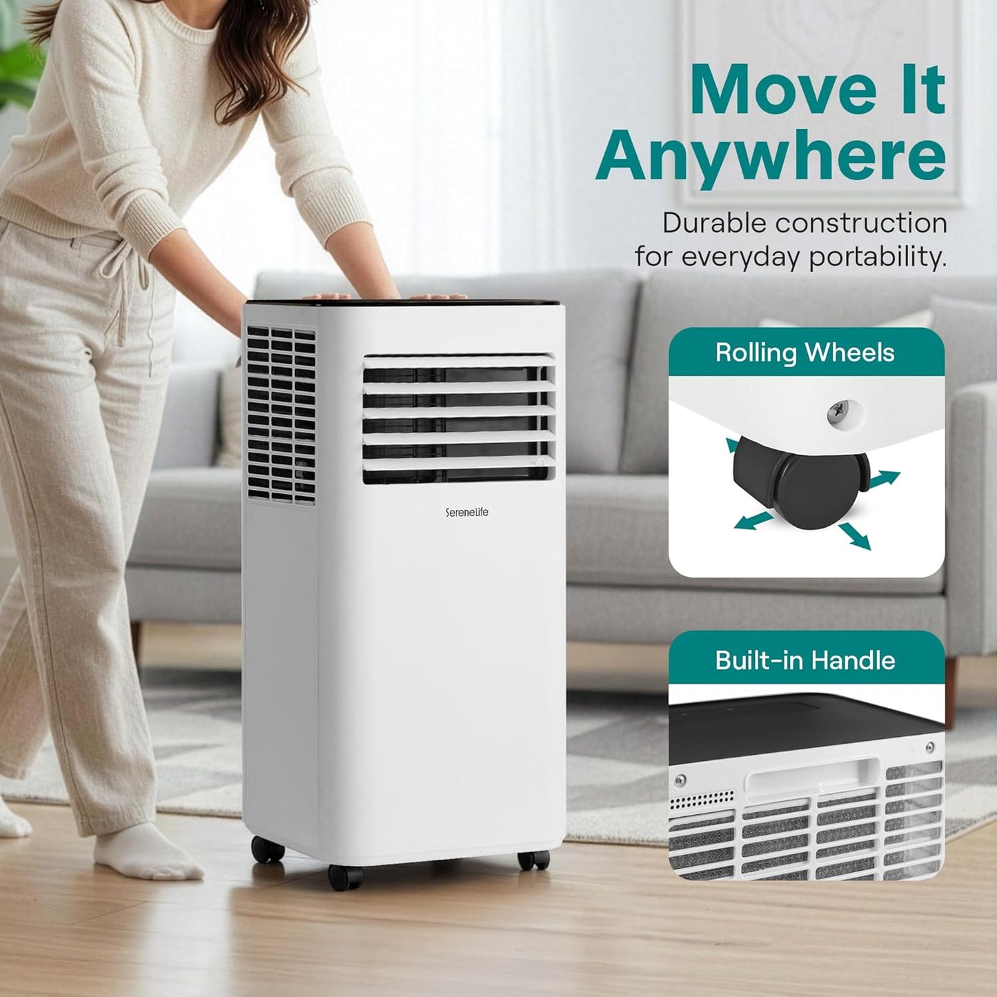 SereneLife Small Air Conditioner Portable 8,000 BTU with Built-in Dehumidifier - Portable AC unit for rooms up to 350 sq ft - WiFi app + Remote Control, Window Mount Exhaust Kit