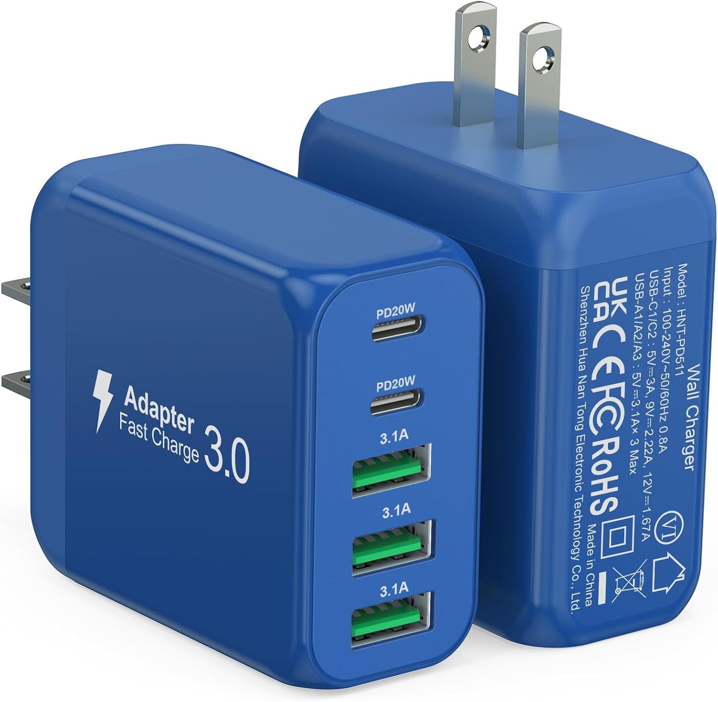 (2-Pack) 50W USB C Wall Charger Block, 5-Port C Charger Fast Charging Block PD Power Adapter +QC Multiport Type C Box Brick Cube USB A Wall Plug for iPhone 15/16/17 Pro Max,Samsung (Dark Blue)