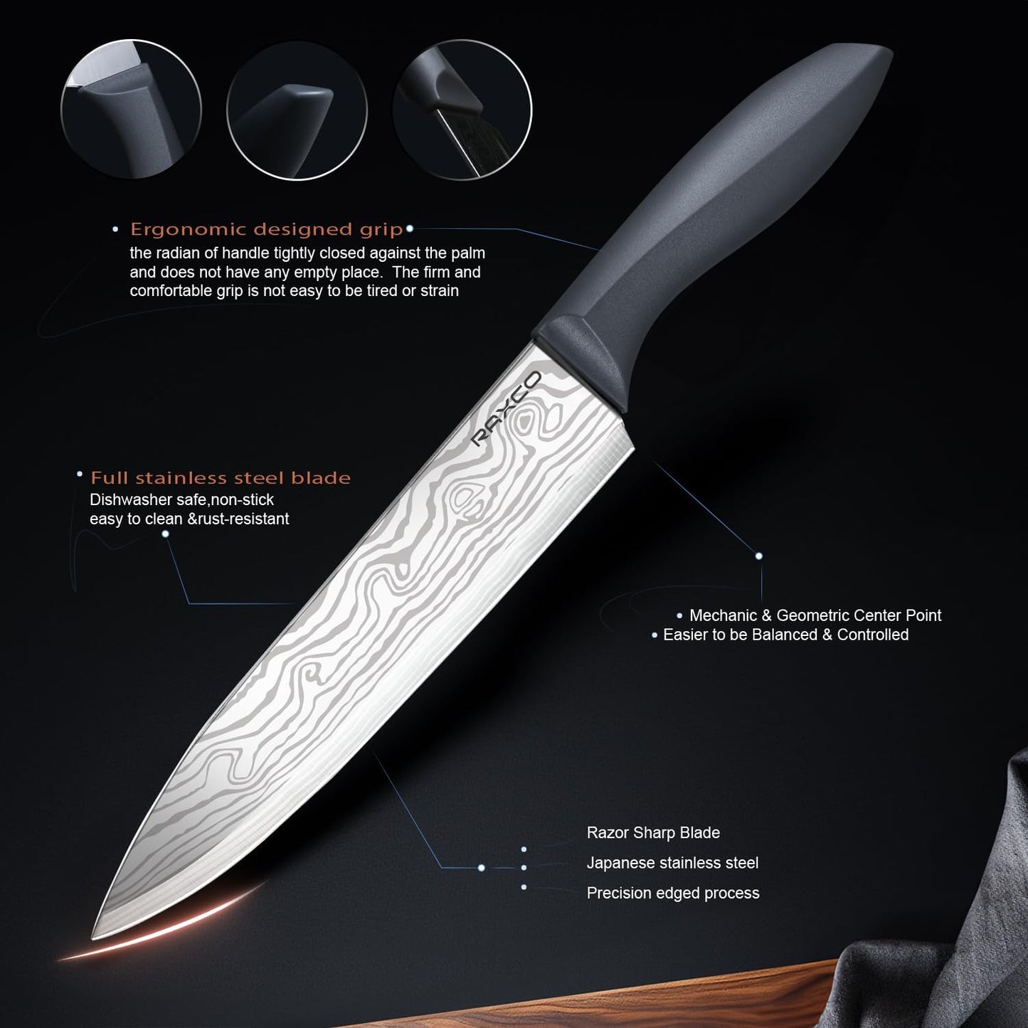 RAXCO 10-Piece Kitchen Knife Set | Stainless Steel Holder | Compact Design - Gray