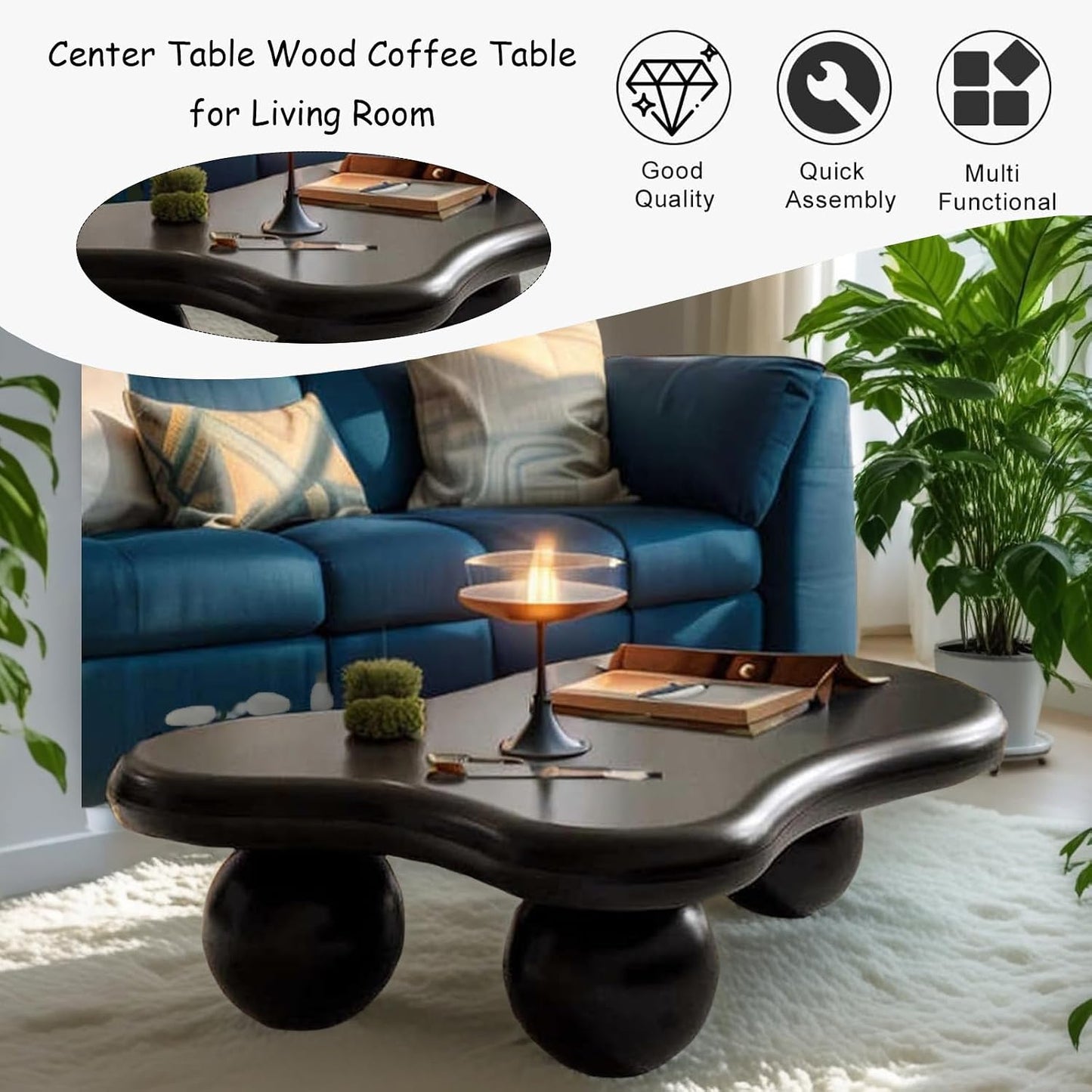Mid Century Modern Cloud Coffee Table (F47.24in) | Irregular Cute Wooden, Industrial Center Table, Sturdy Legs, For Apartment Living Room