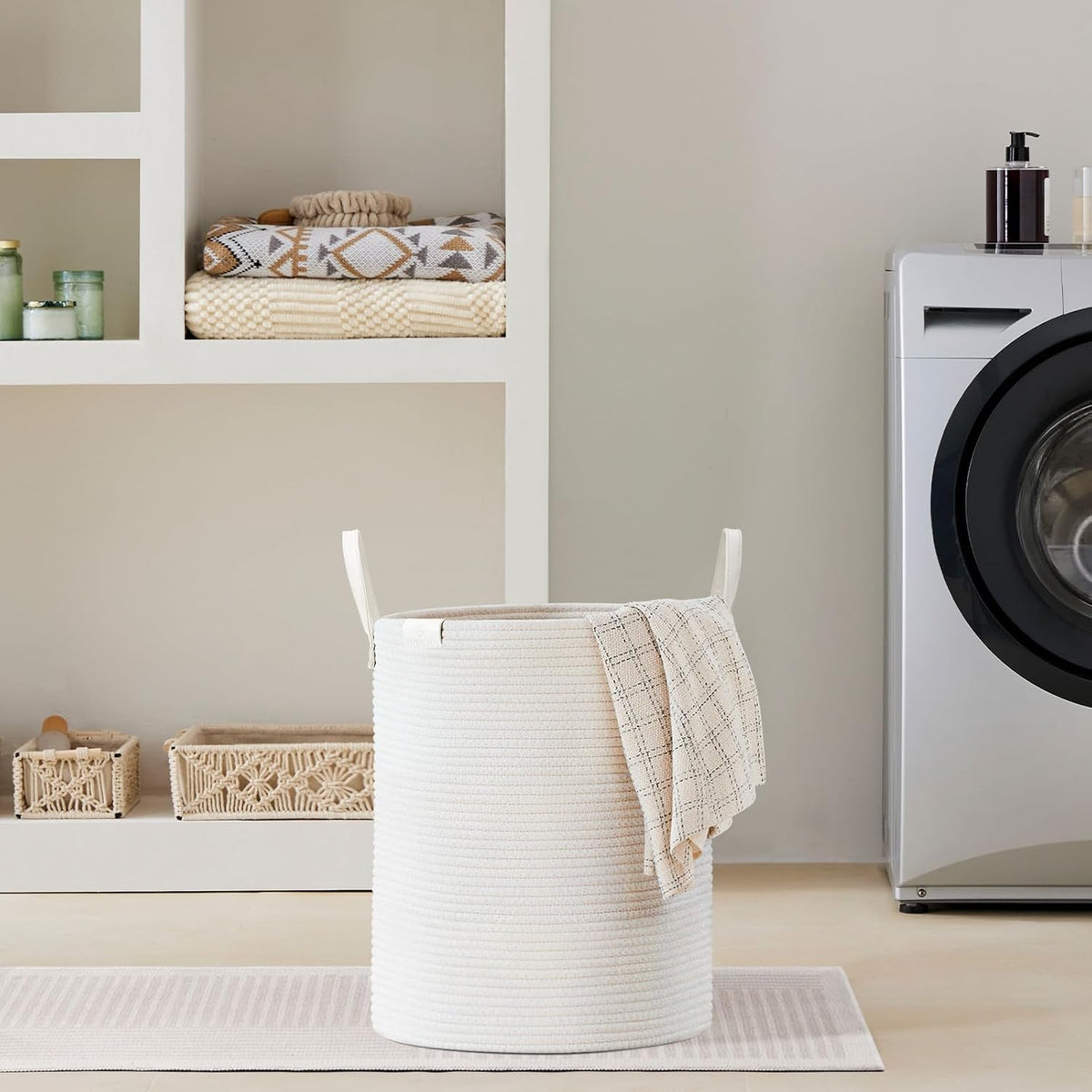 VIPOSCO 53L Tall Woven Rope Laundry Hamper, Leather Handles, White