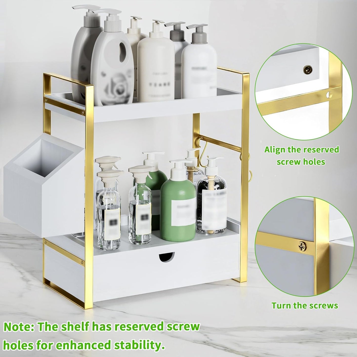 2-Tier Bathroom Counter Organizer with Drawer and Basket, Wood Countertop Organizer for Storage, Skincare Organizers for Vanity, Counter Shelf for Bathroom Organization(White-gold)