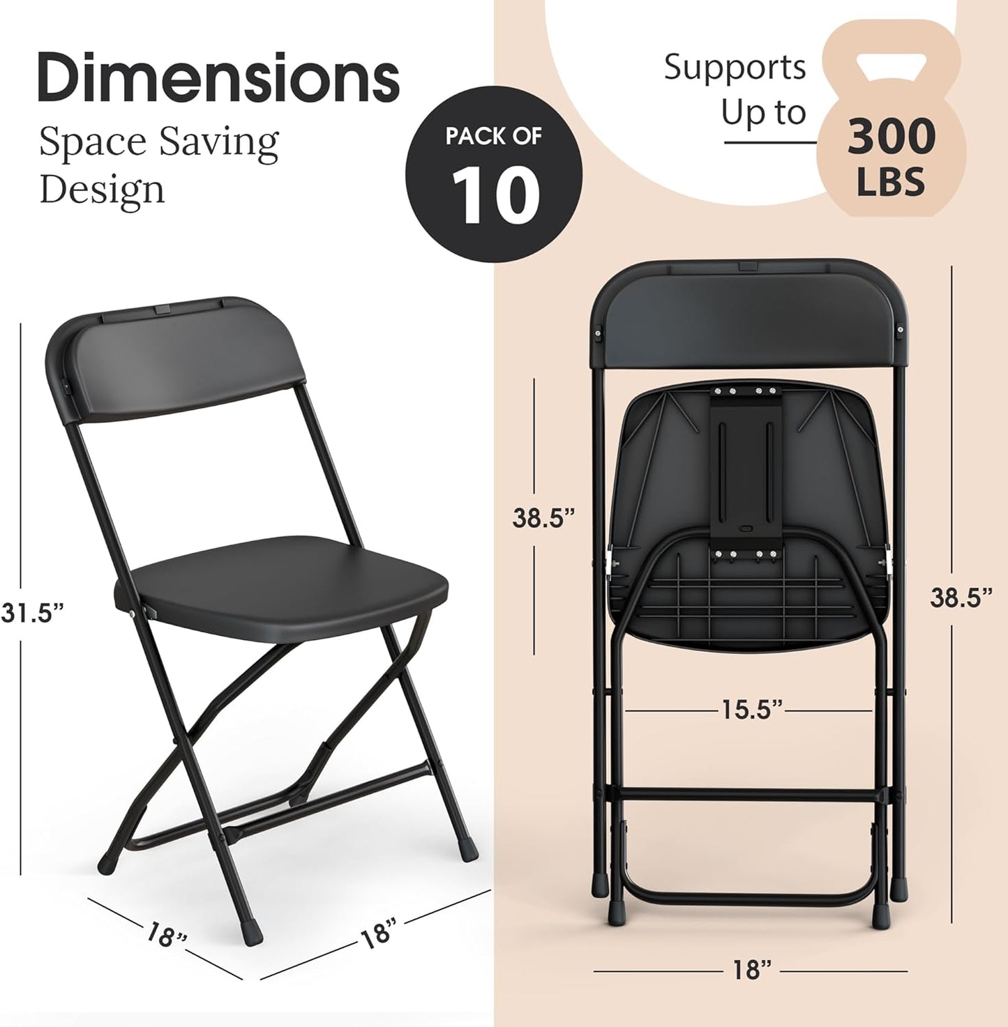 Our Modern Space 10 Pack Foldable Plastic Chair | Folding & Stackable | 350 lbs Capacity Steel Frame Seats for Indoor Outdoor | Commercial Use Events Wedding Party Bulk Picnic Kitchen Dining - Black