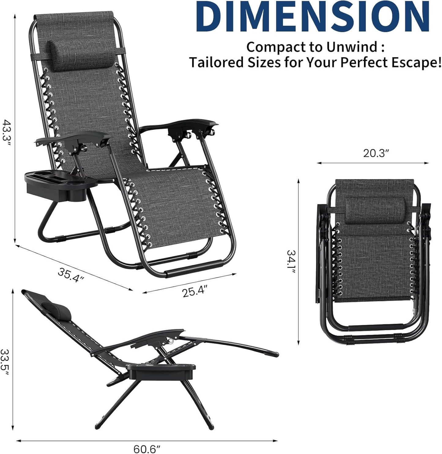 Garvee Zero Gravity Chair Set of 2, Patio Lounge Chair Outdoor with Pillow & Cup Holder Tray, Adjustable Reclining Chair, Folding Portable Camping Chair for Deck, Beach, Yard, Garden - Gray