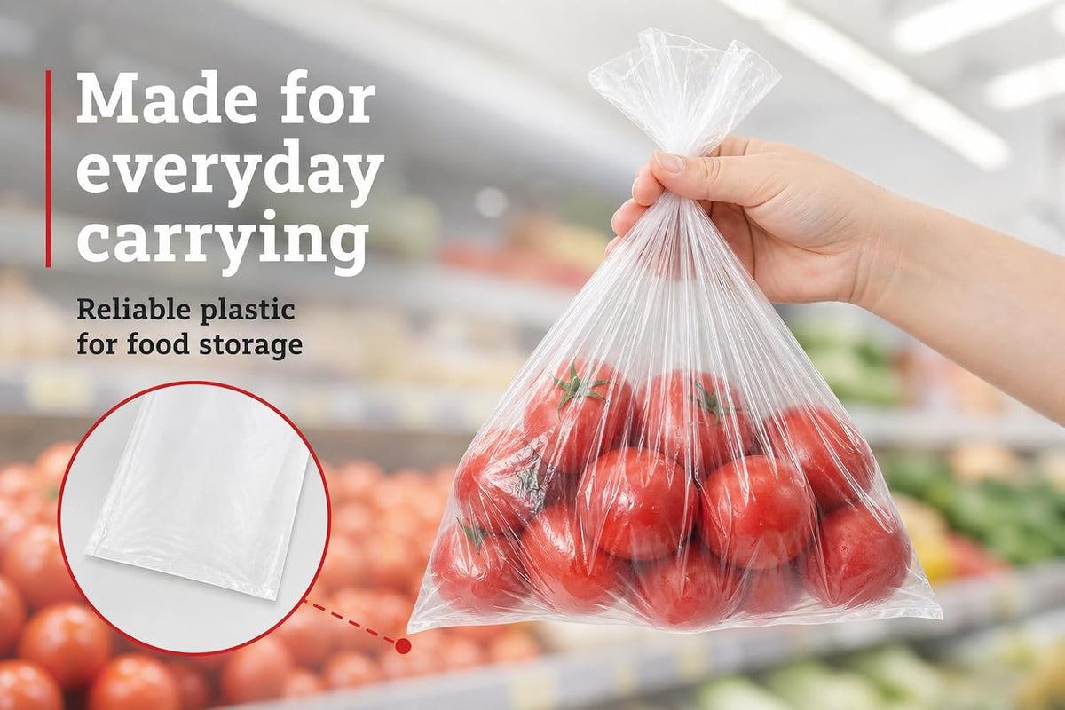 Plastic Produce Bags for Food Storage - 12"x20" Clear Grocery Bag for Fruits, Vegetables, Bread - Easy Peel-Off Design, Continuous Roll, 1.75" Core, Pack of 720 Bags [2 rolls]