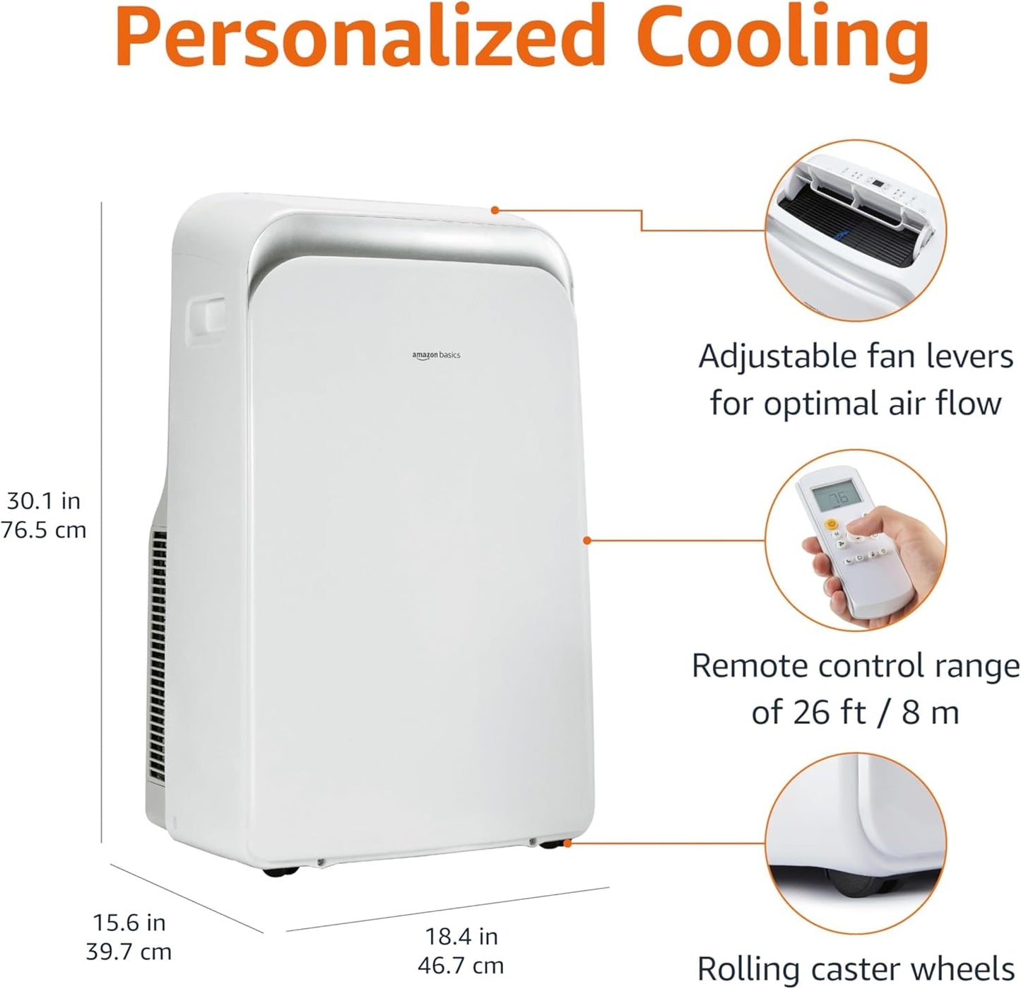 Amazon Basics 4-In-1 Portable Air Conditioner with Remote, Timer, Sleep Mode, Auto Swing, Cool/Heat/Dry/Fan-Only Functions, 13500 BTU (ASHRAE), Cools Up to 550 Sqf, Energy Saving, White