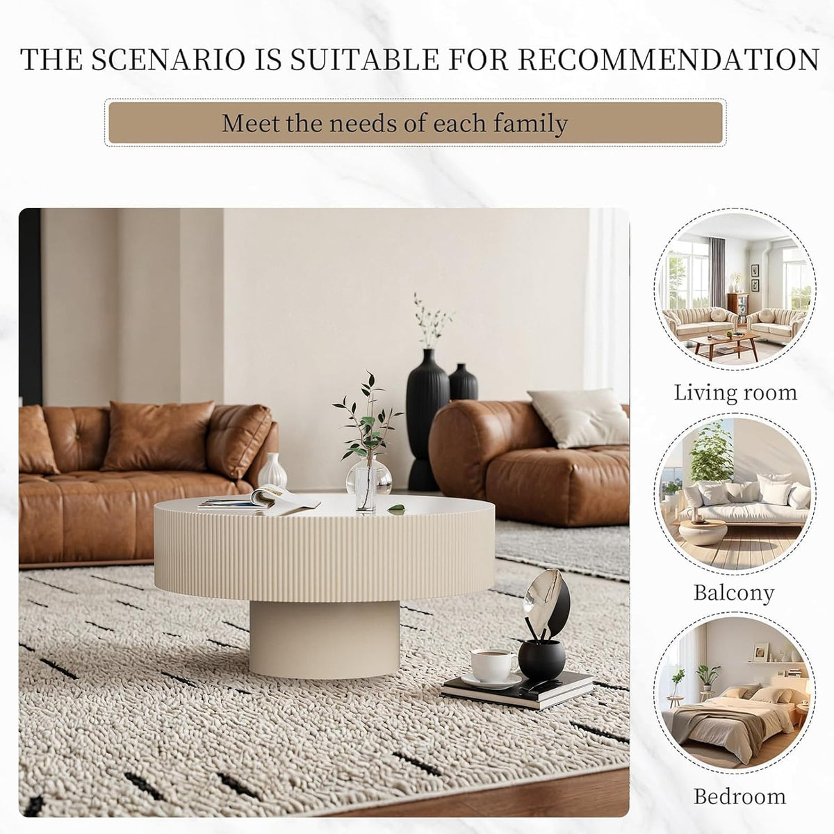 30.9" Cream Rustic Drum Round Coffee Table (C30.9in)