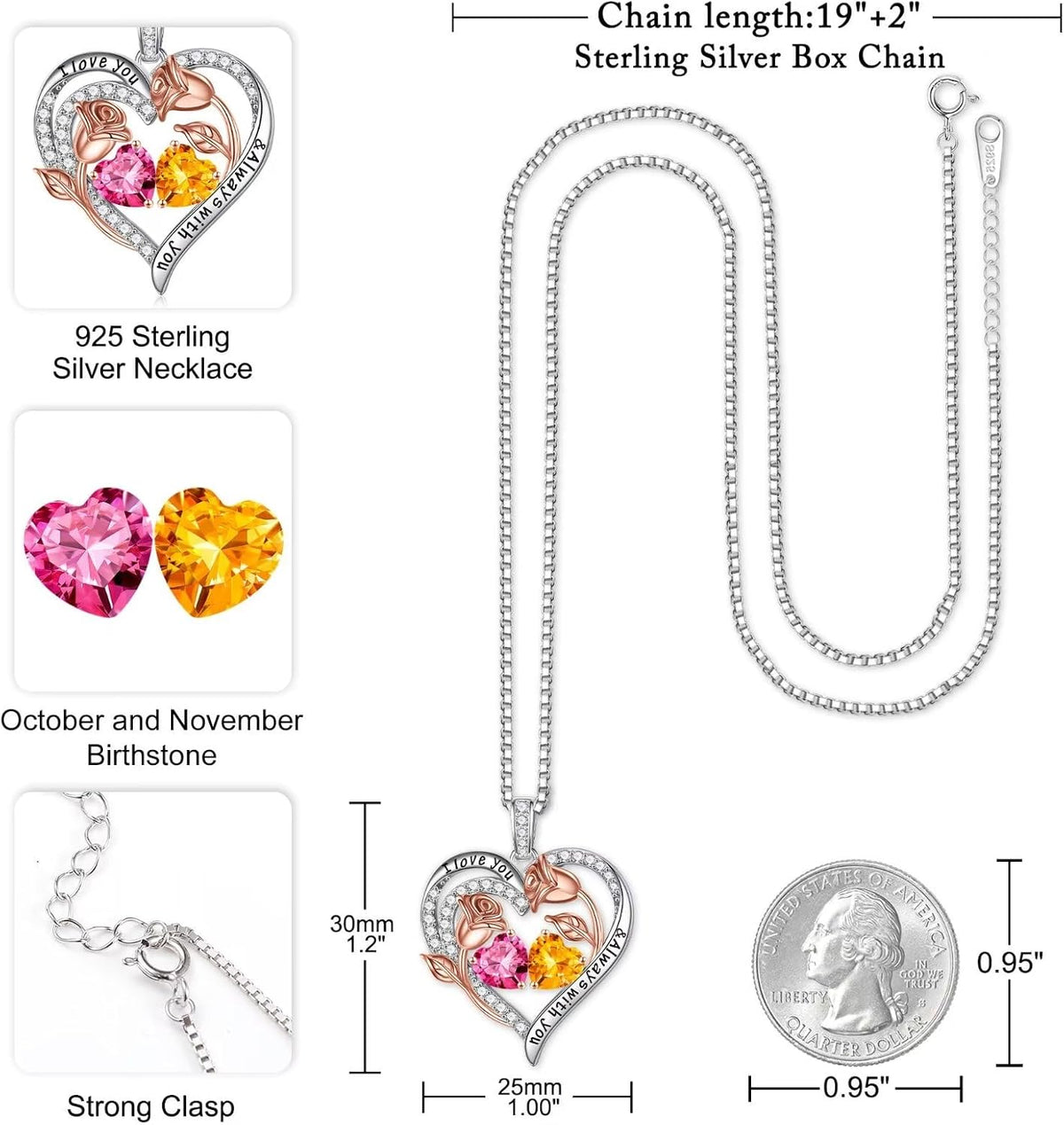Iefil Birthstone Necklace for Women - Rose Heart Necklace