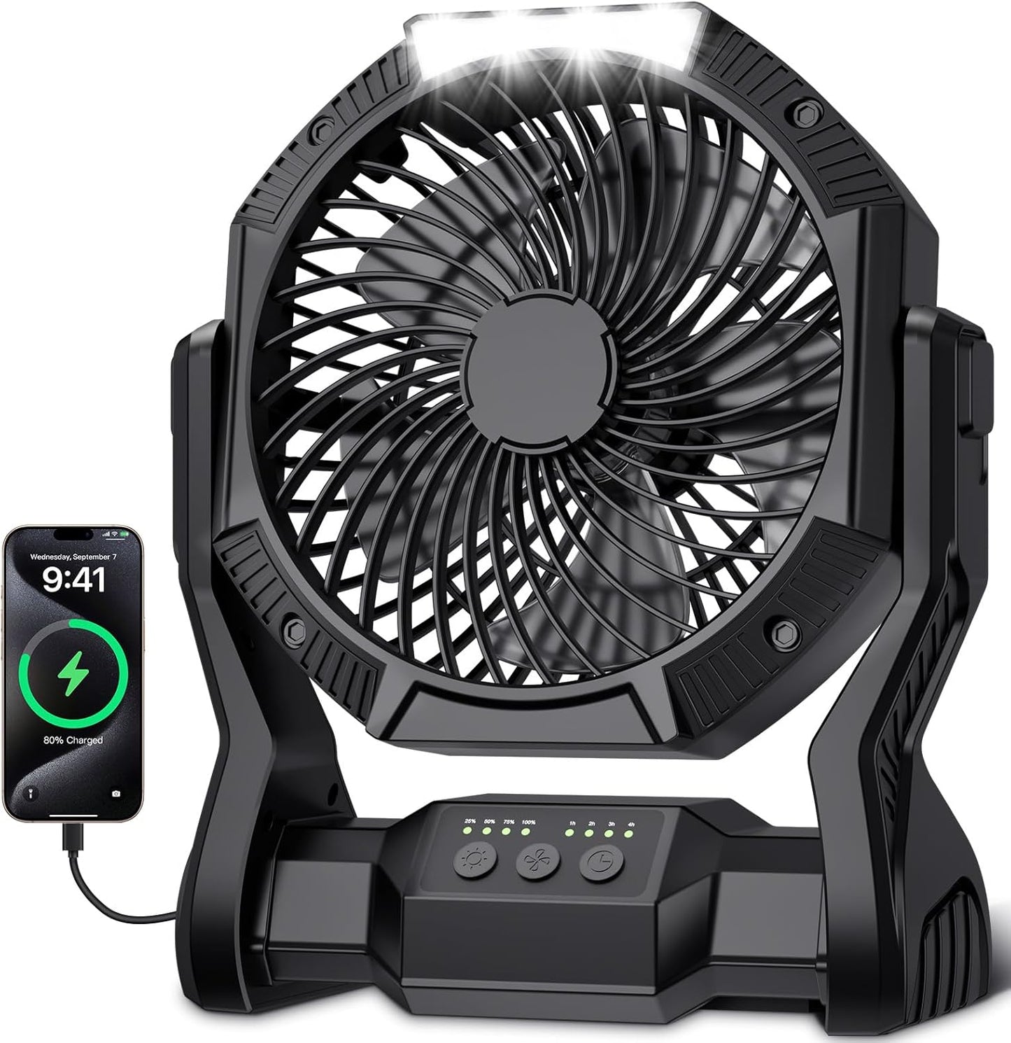 Portable Rechargeable Fan, 20000mAh Battery Powered Camping Fan with LED Light & Hook, 270° Adjustable, 4-Speed, 4H Timer Camping Essentials for Outdoor Tent Travel BBQ Car, Gifts for Men Dad