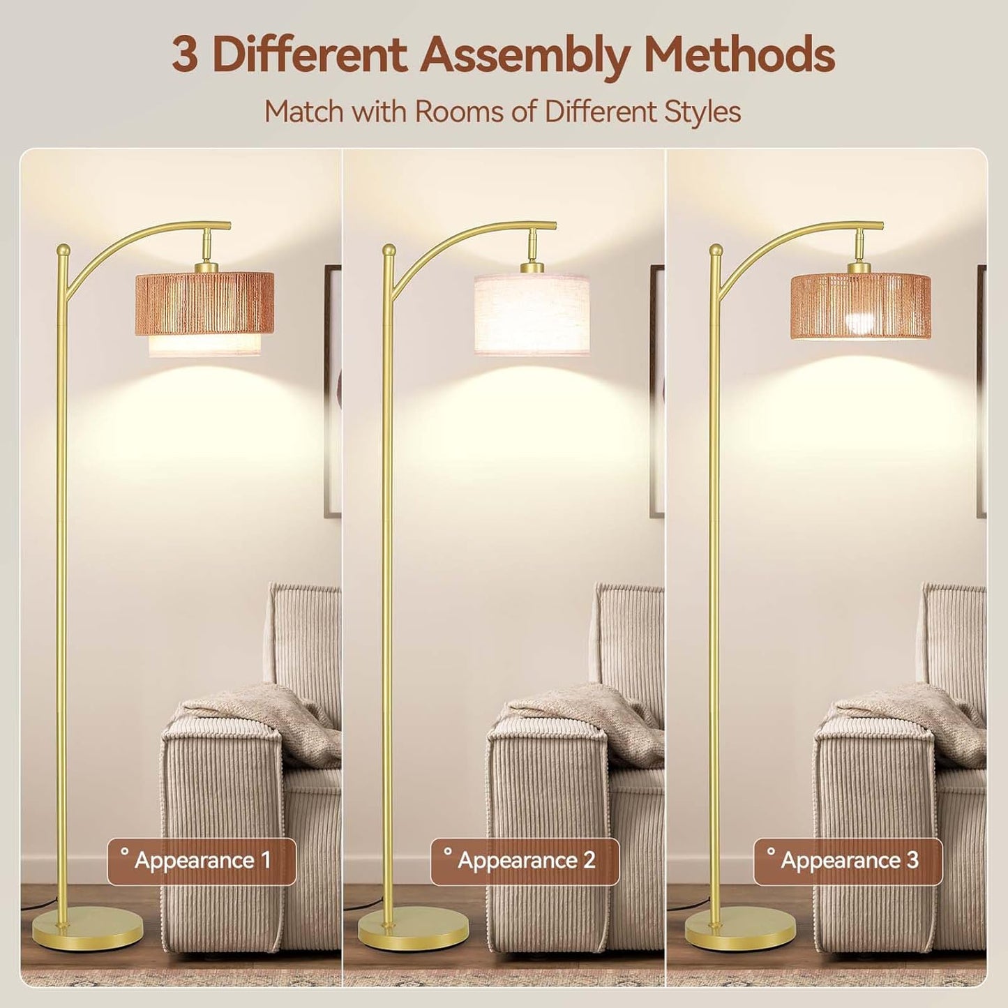 SUNMORY Floor Lamps for Living Room with 12W LED Bulb, Arc Floor Lamp with 3 Color Temperatures, Farmhouse Floor Lamps with Adjustable Rattan & Fabric Shades, Boho Standing Lamp for Bedroom, Corner