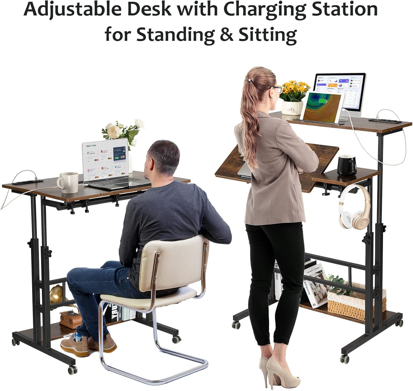 Hadulcet Mobile Standing Desk Adjustable Height, Rolling Desk Stand Up Desk, Mobile Laptop Desk, Rolling Computer Desk with Charging Station, Portable Desk with Wheels, Rustic Brown