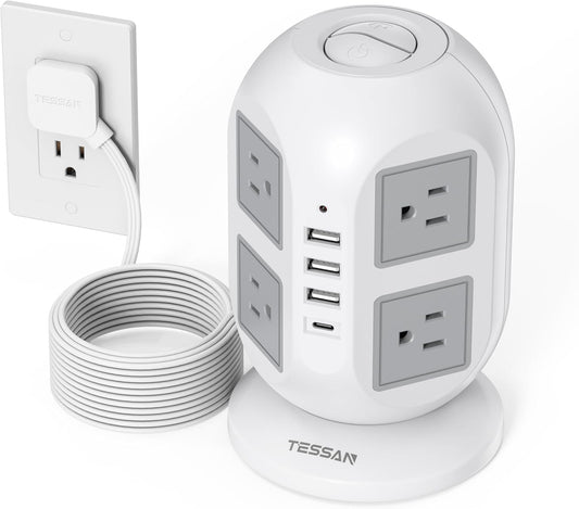 TESSAN Tower Power Strip 10 ft, Long Flat Extension Cord with Multiple Outlets, 8 AC Outlets with 4 USB Ports (1 USB C), Charging Station with, for Home Office Dorm
