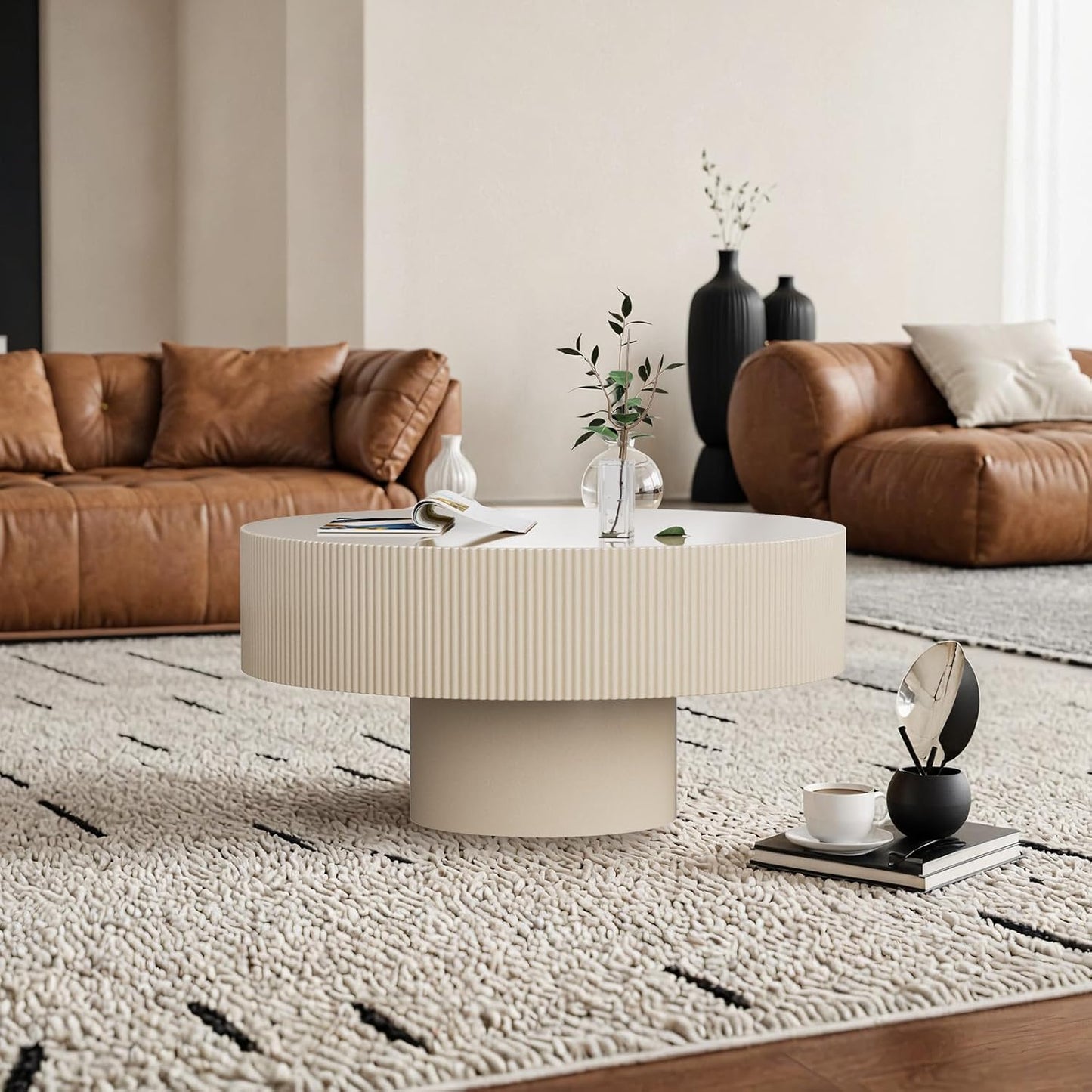 Mid Century Modern Round Fluted Coffee Table (A) | Handcraft Drum Coffee Table, Sturdy Pedestal, Wood Veneer Top, for Living Room Reception Room Farmhouse