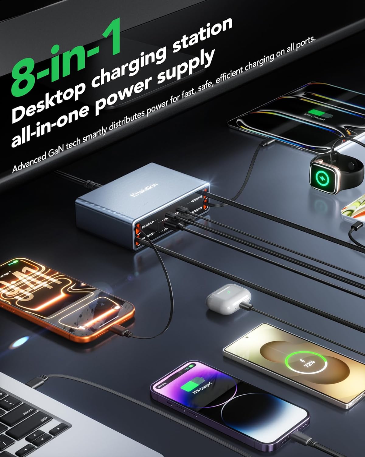 8-in-1 Retractable Charger for Apple Samsung Multiple Devices,Charging Station 105W USB c Gan Usbc Hub,Fast Charger Wall Plug for iPhone 17/16/15,Galaxy S26,Pixel,iPad,Home Office,Desktop Accessories