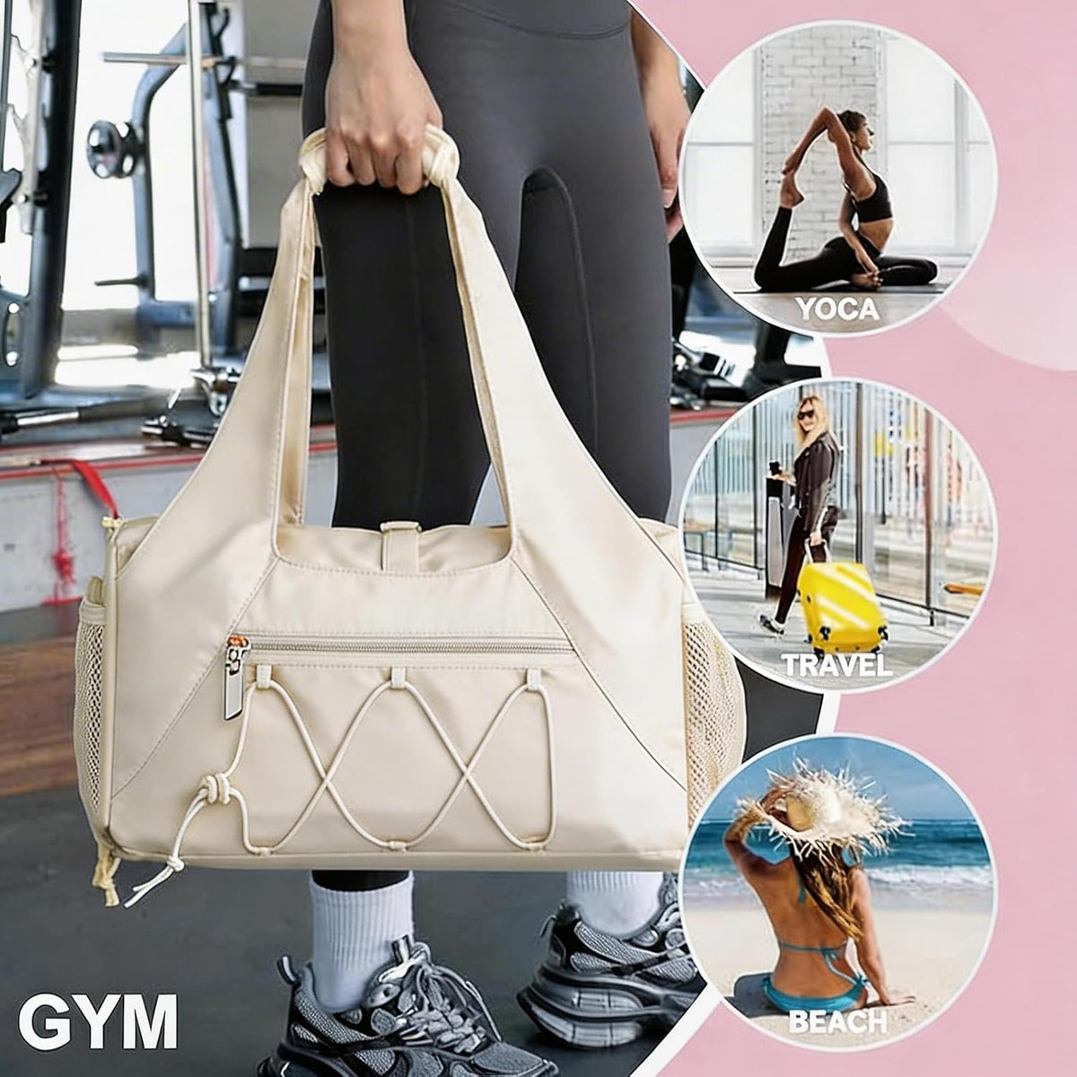 Gym Bag for Women, Yoga Mat Bag with Shoe Compartment and Wet Pocket, Sport Yoga Gym Bag with Yoga Strap, Carryall Yoga Tote Bag