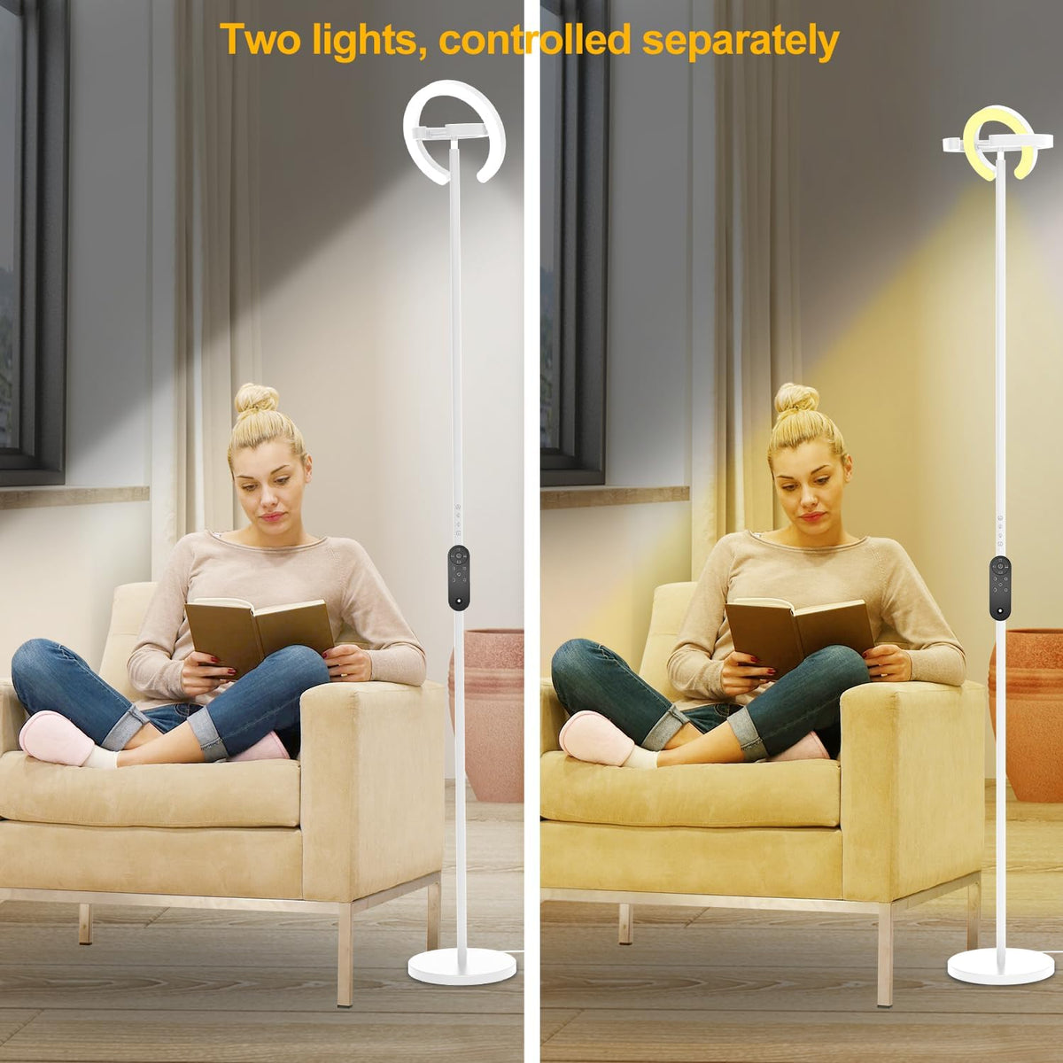 EPABINA Torchiere Floor Lamp for Bedroom, 75.5 Inch Tall Corner Standing Lamp for Living Room with Rotatable Ring Lights, 36W Bright Dimmable LED Floor Light with Remote Control for Reading Office